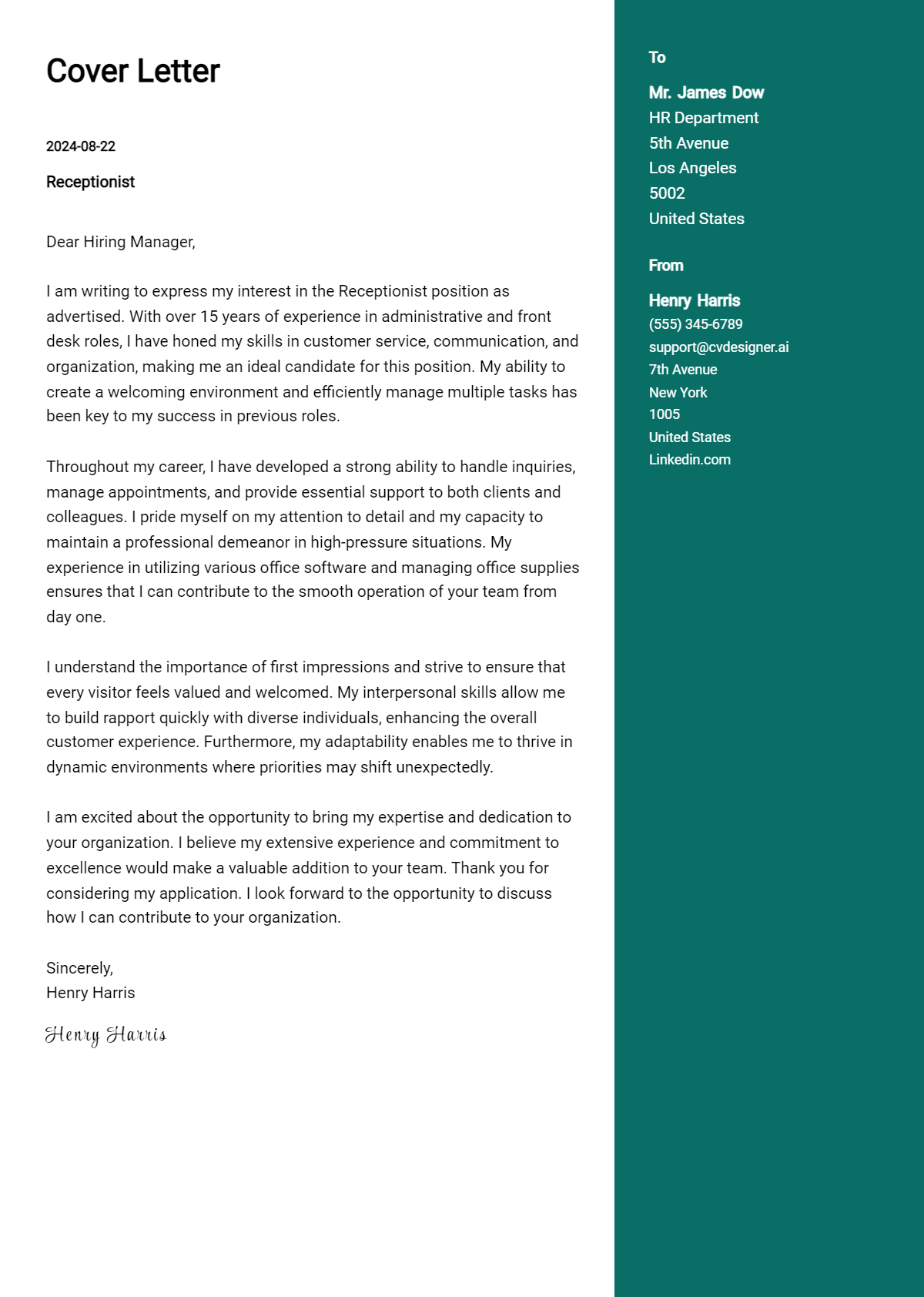 Receptionist Cover Letter Example for 2026: Top CV Skills Preview