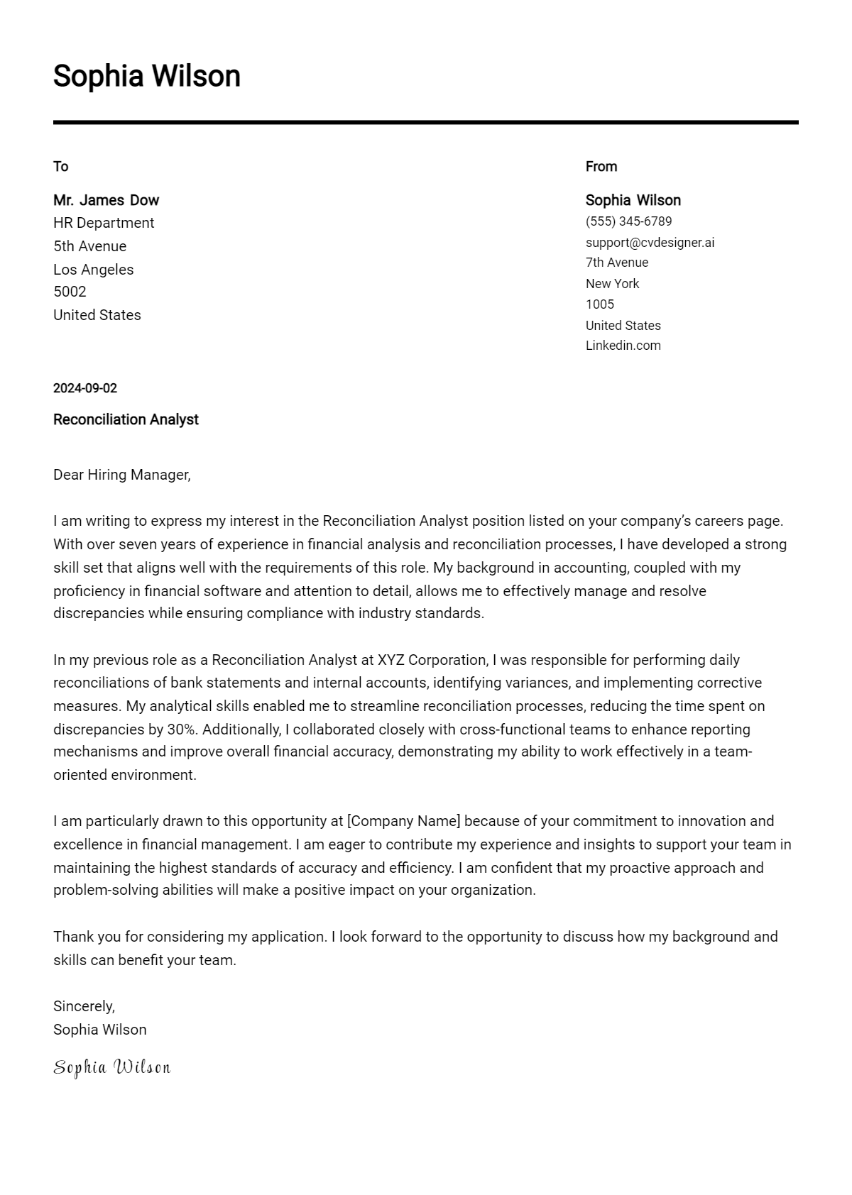 Reconciliation Analyst Cover Letter Example for 2026 (Complete Writing Guide) Preview