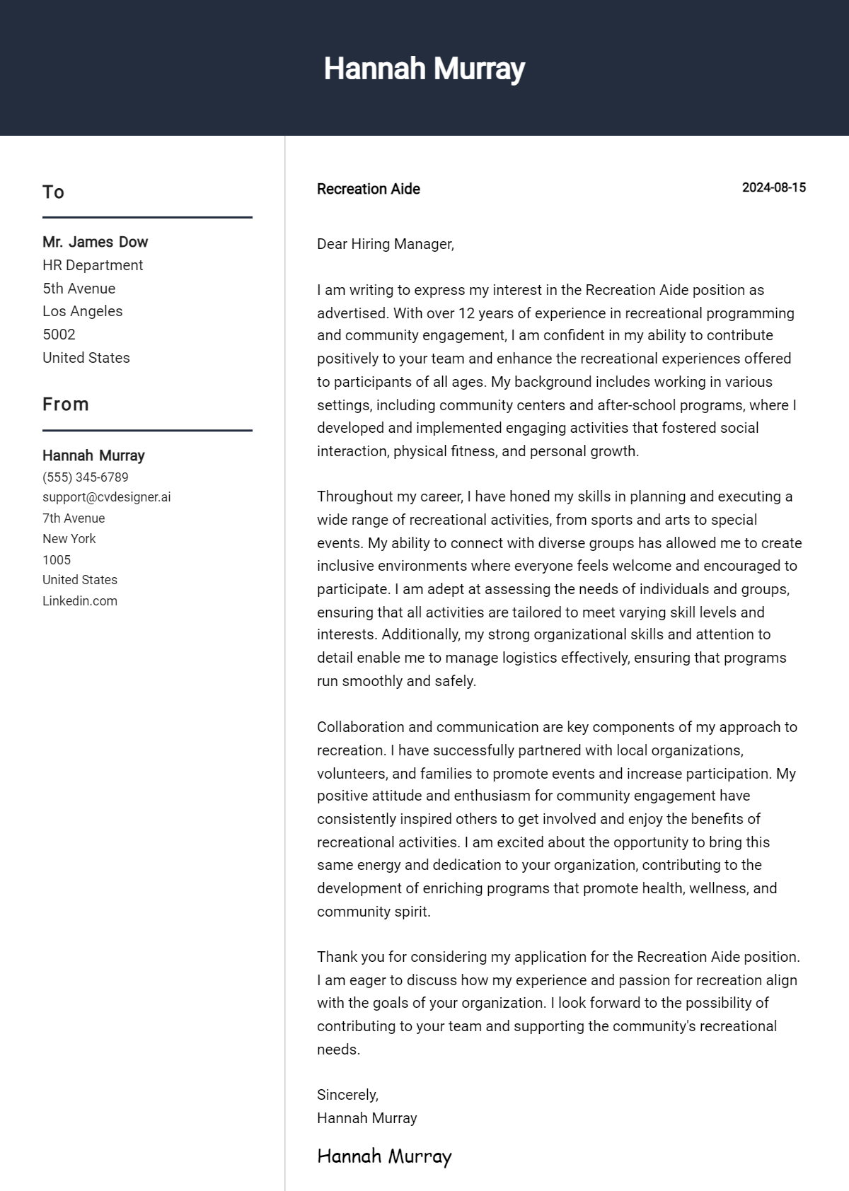 Recreation Aide Cover Letter Example for 2026: Tips & Templates Preview