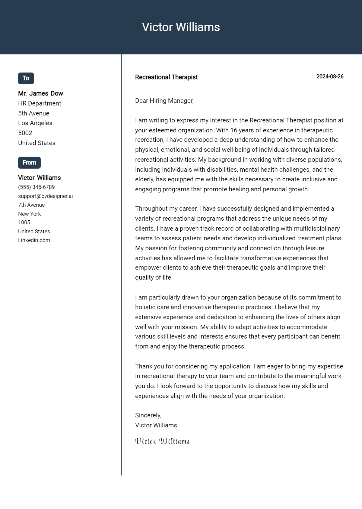 Recreational Therapist Cover Letter Examples for 2026 (Downloadable) Preview