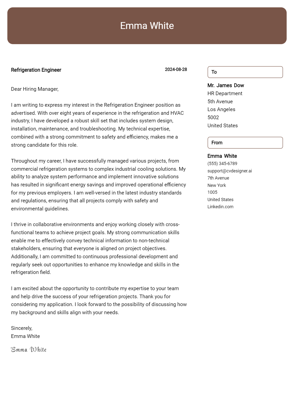 Refrigeration Engineer Cover Letter Example for 2026: Tips & Templates Preview
