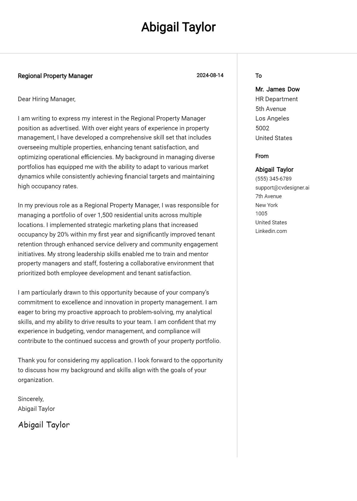 Regional Property Manager Cover Letter Examples for 2026 (Downloadable) Preview
