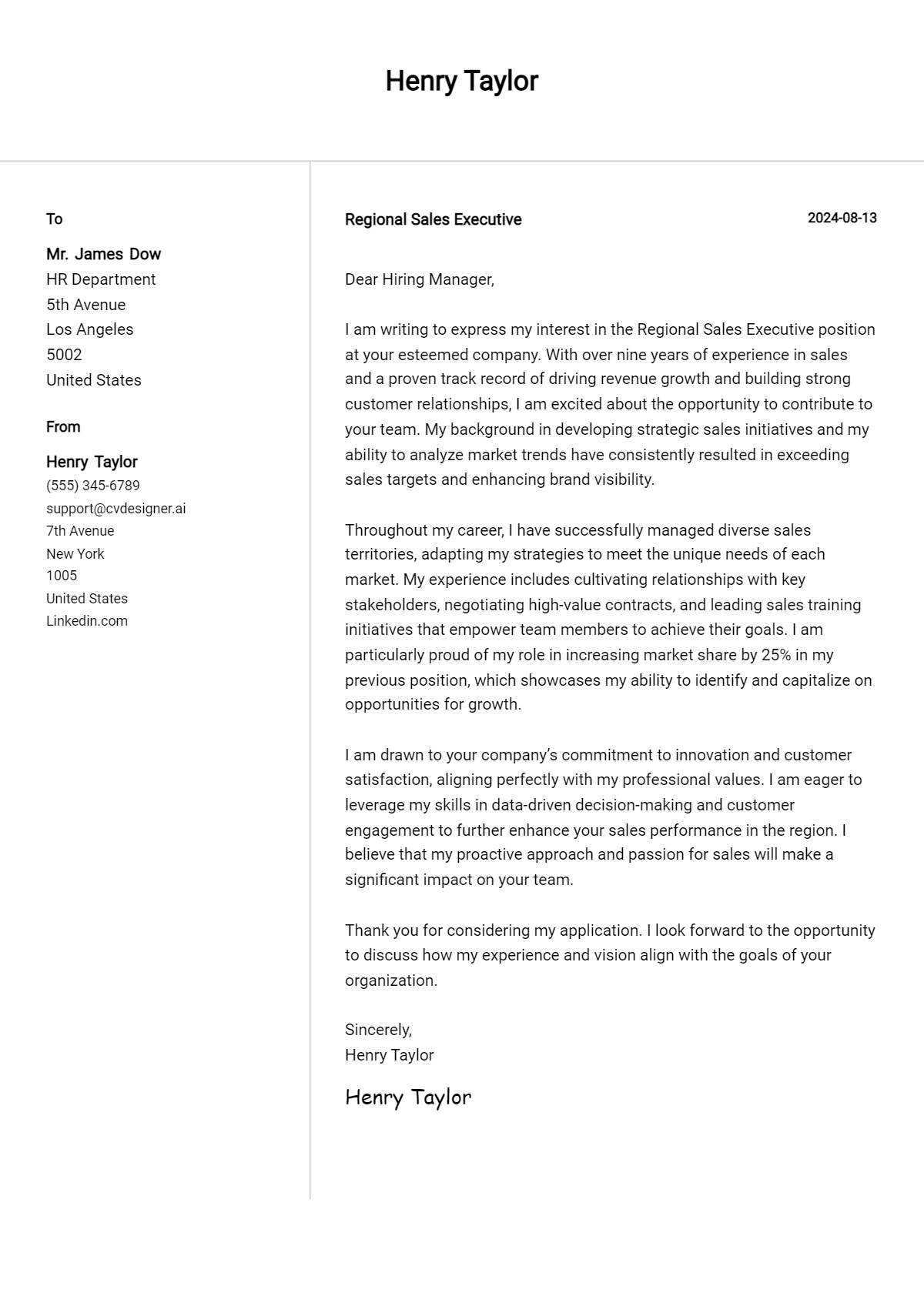 Regional Sales Executive Cover Letter Example for 2026: Top CV Skills Preview