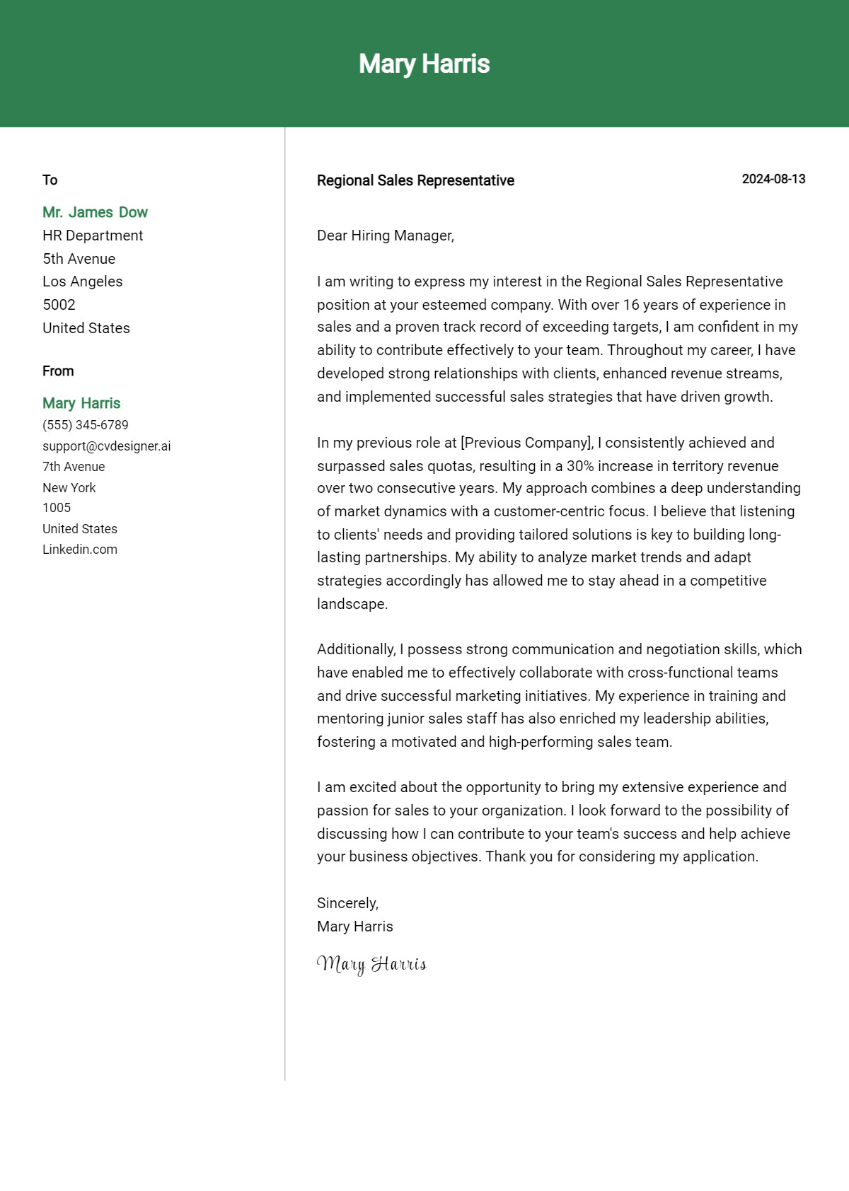 8 Regional Sales Representative Cover Letter Examples for 2026: Tips & Templates Preview