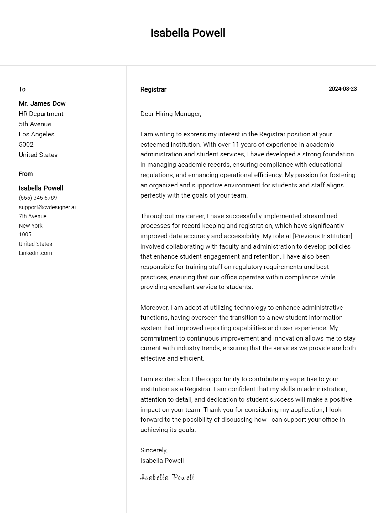 Registrar Cover Letter Examples with Writing Tips for 2026 Preview