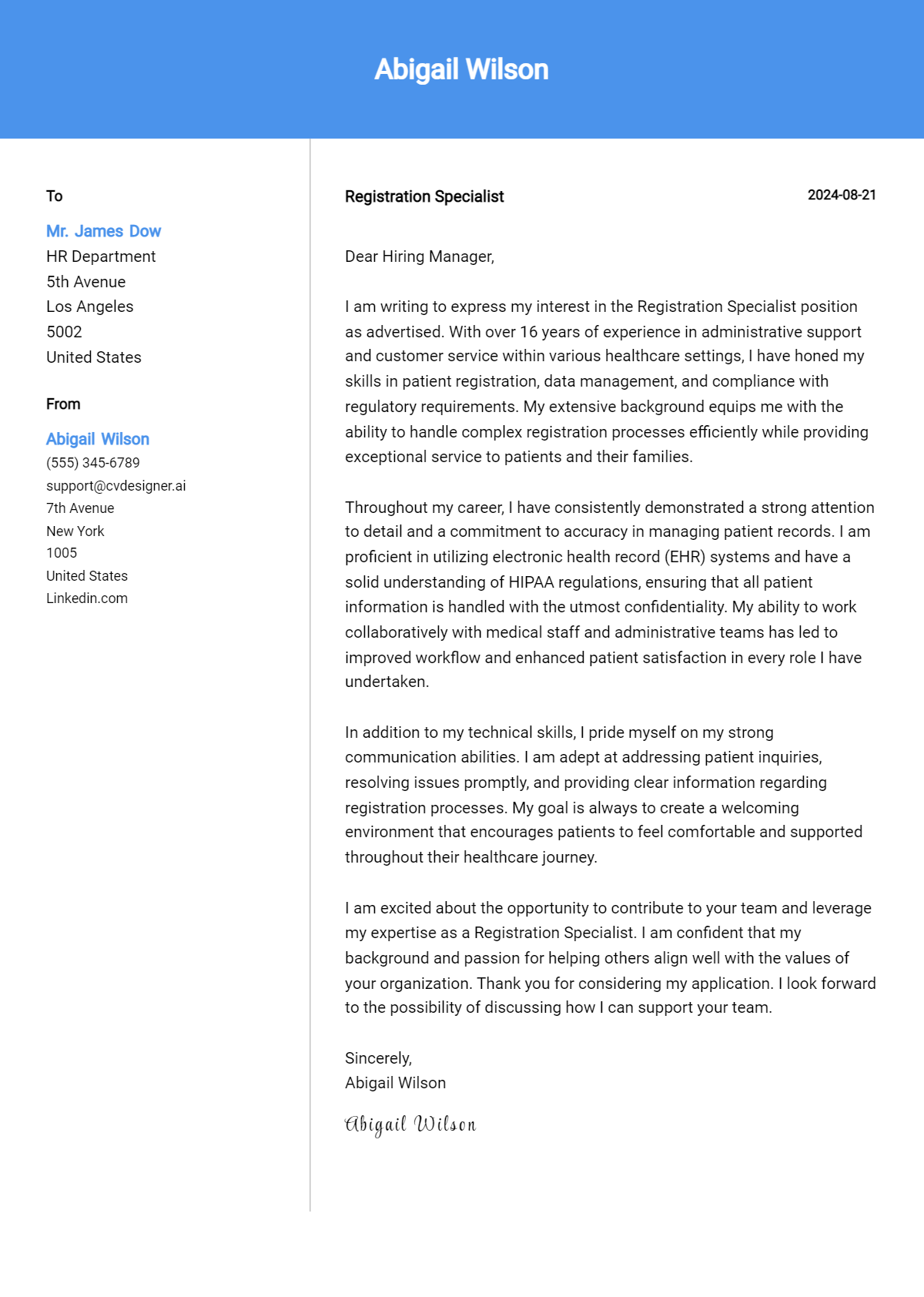 Registration Specialist Cover Letter Example for 2026 (Complete Writing Guide) Preview