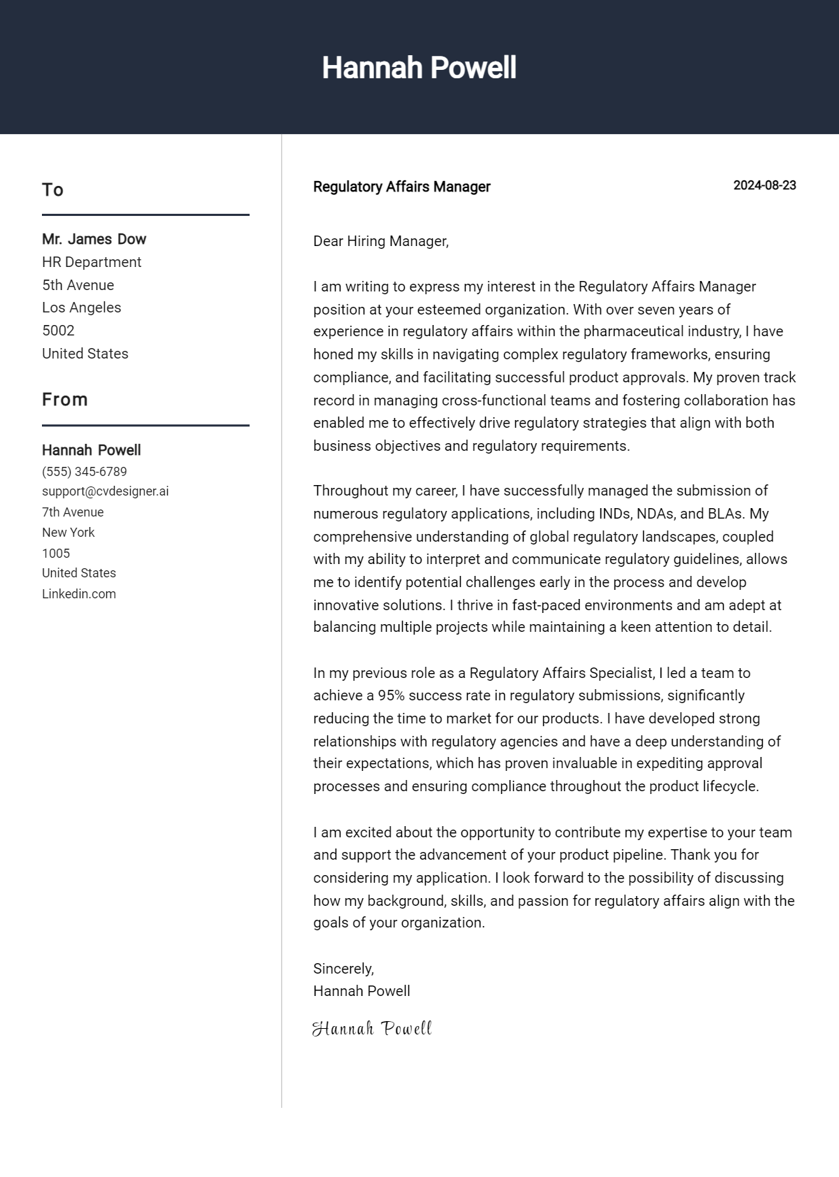 Regulatory Affairs Manager Cover Letter Examples & Samples for 2026 Preview