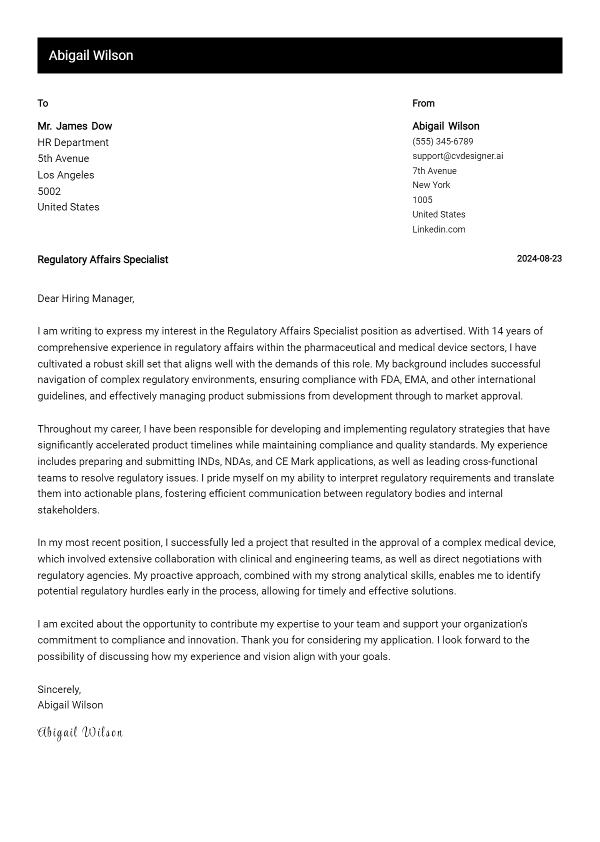 Regulatory Affairs Specialist Cover Letter Example for 2026: Top CV Skills Preview