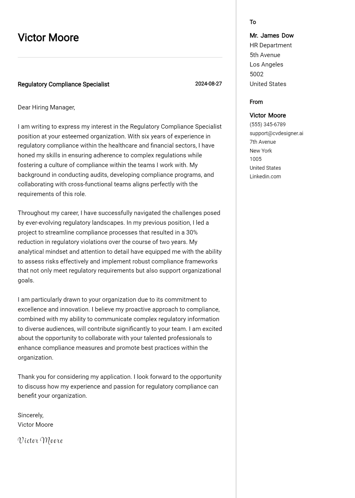 Regulatory Compliance Specialist Cover Letter Samples & Examples 2026 Preview