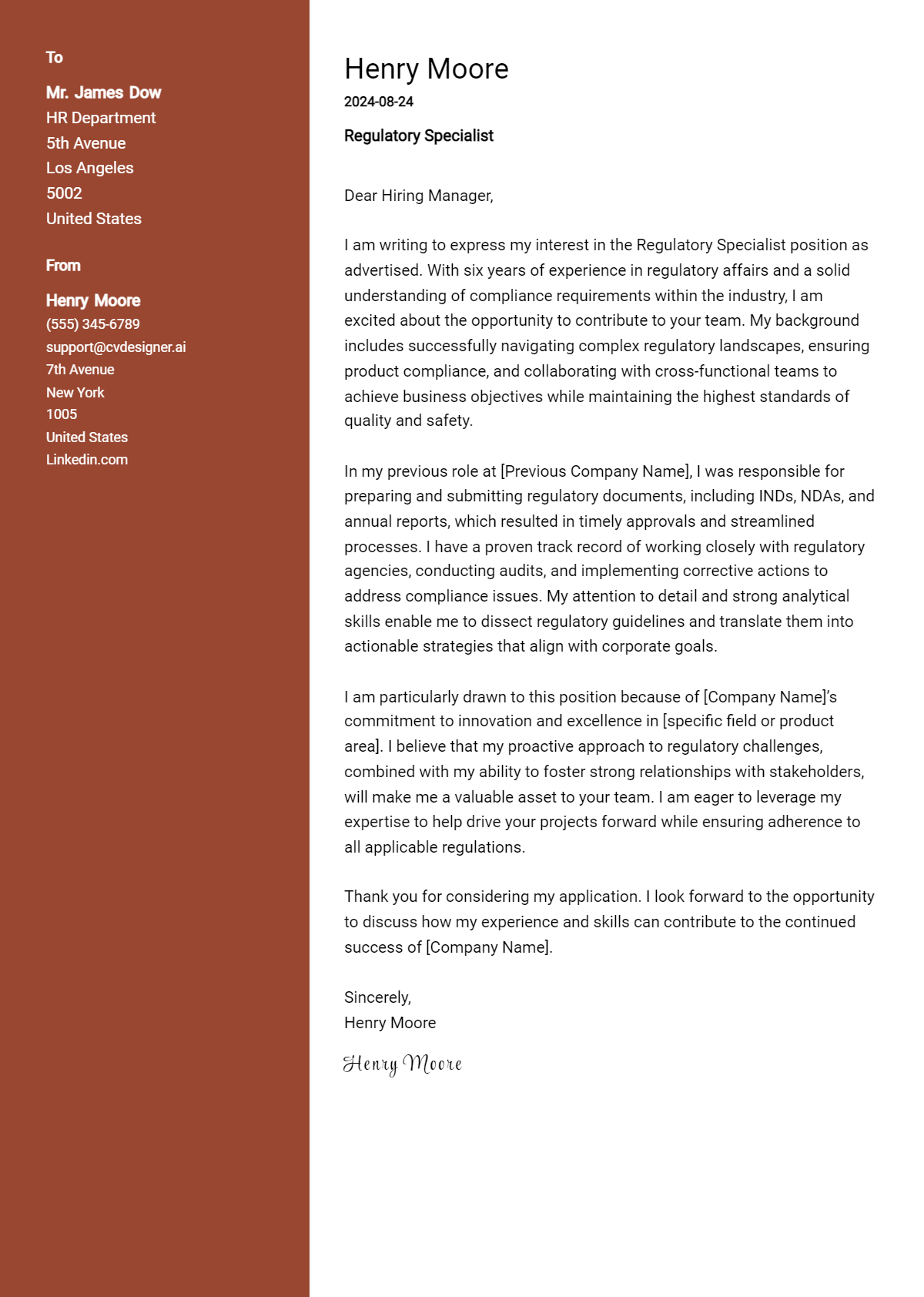 Regulatory Specialist Cover Letter Example for 2026: Free Templates Preview