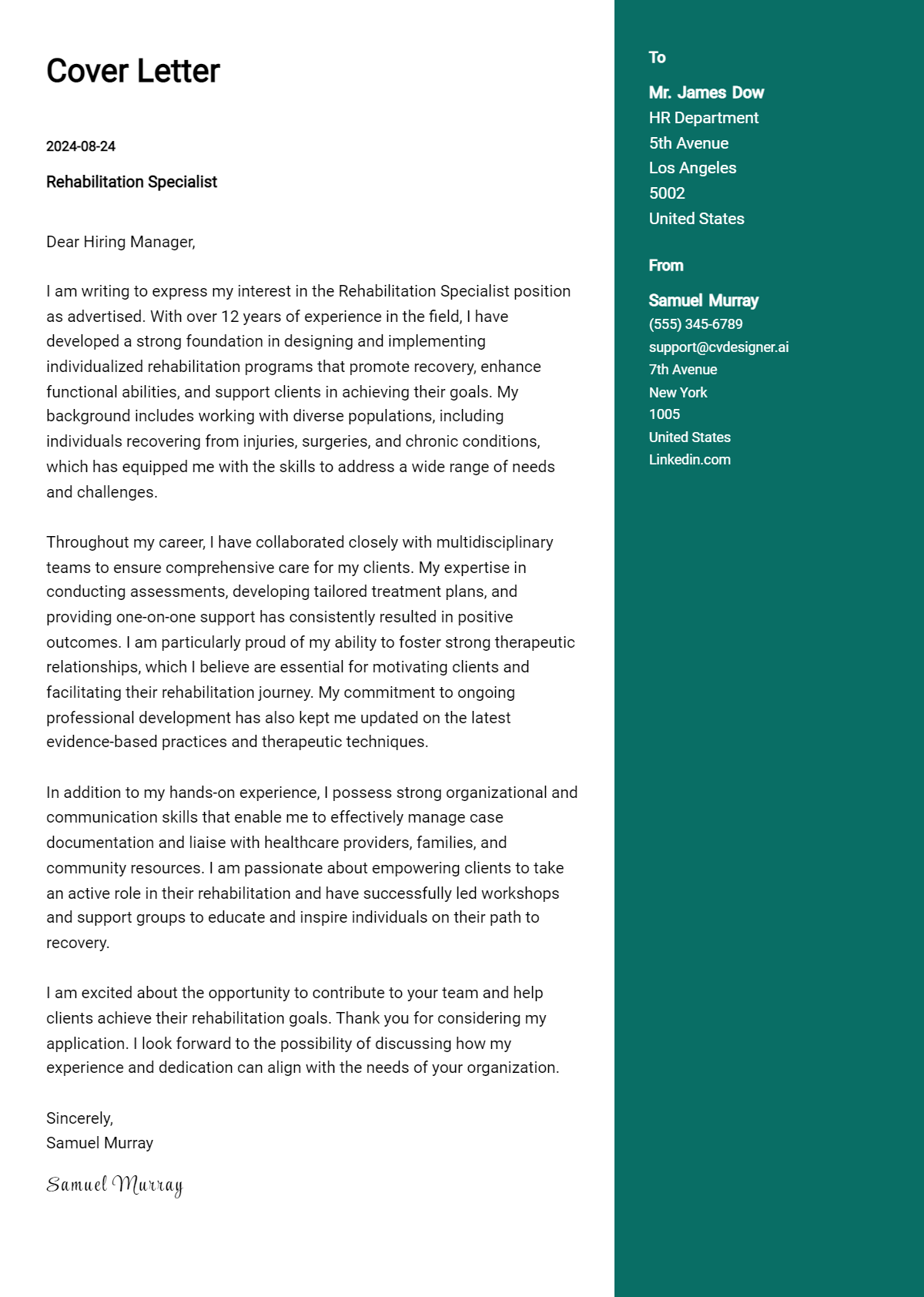 Rehabilitation Specialist Cover Letter Example for 2026 (Free Templates) Preview
