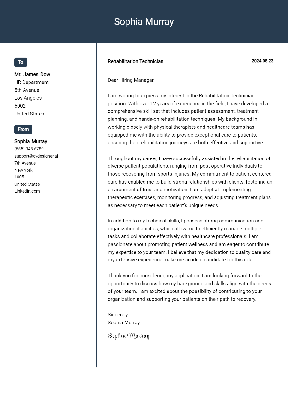 Rehabilitation Technician Cover Letter Example for 2026: Tips & Templates Preview