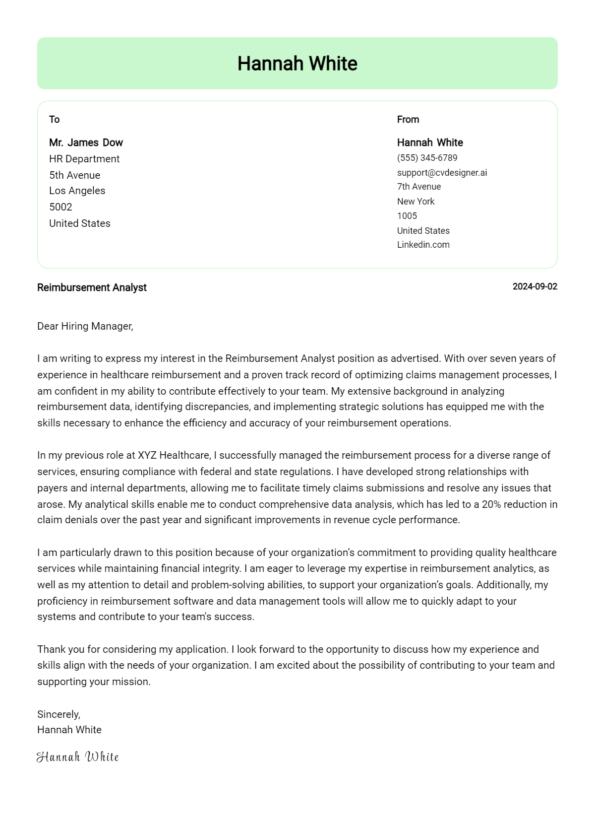 9 Reimbursement Analyst Cover Letter Example for 2026: Free Templates Preview