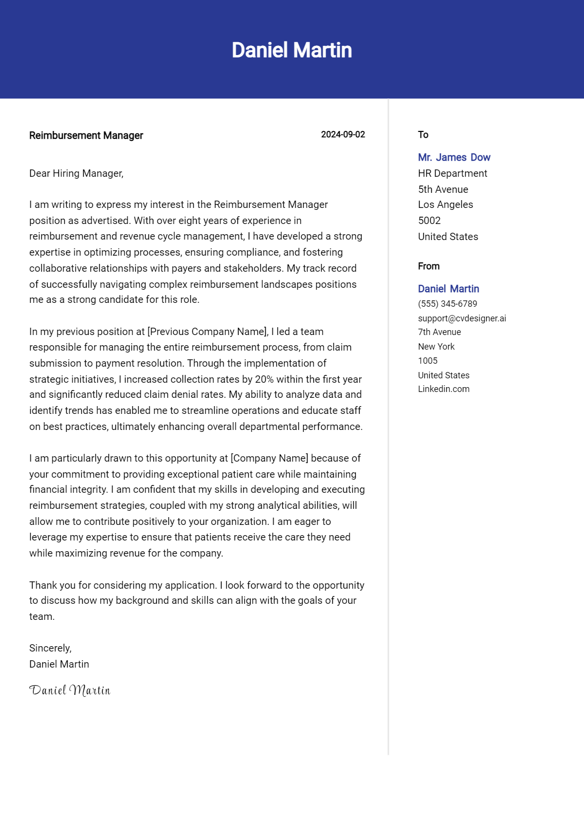 Reimbursement Manager Cover Letter Samples & Examples 2026 Preview