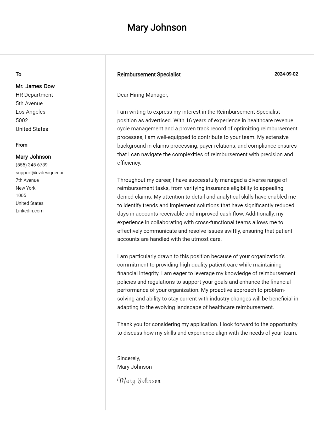 Reimbursement Specialist Cover Letter Example for 2026: Free Templates Preview