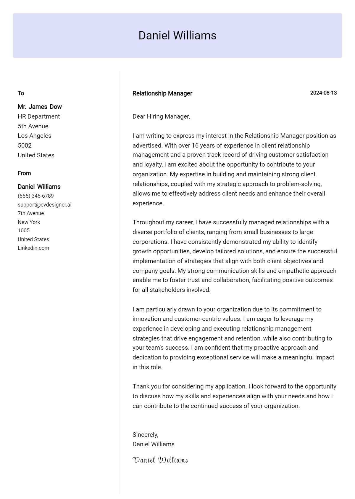 Relationship Manager Cover Letter Example for 2026 (Writing Guide) Preview