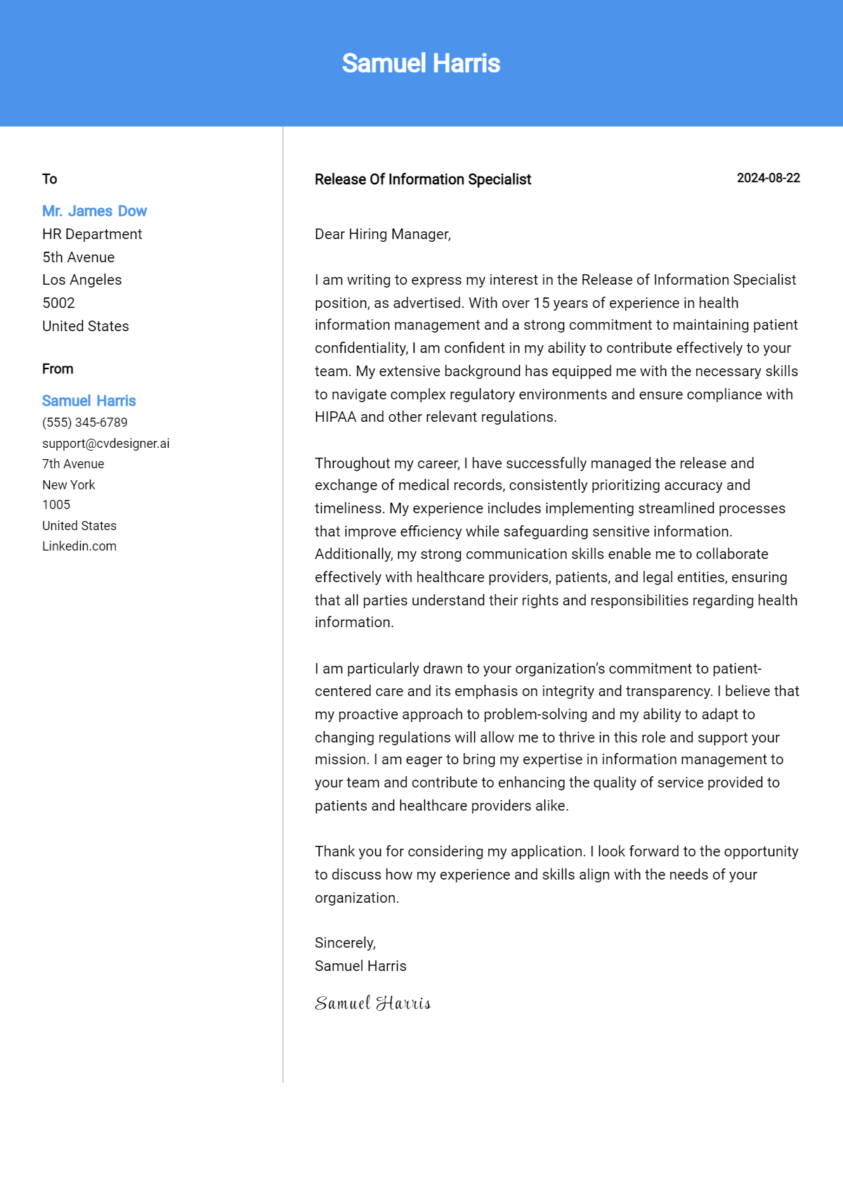 Release Of Information Specialist Cover Letter Example for 2026: Top CV Skills Preview