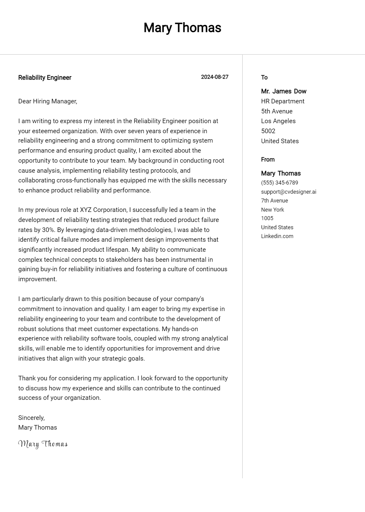 Reliability Engineer Cover Letter Examples with Writing Tips for 2026 Preview