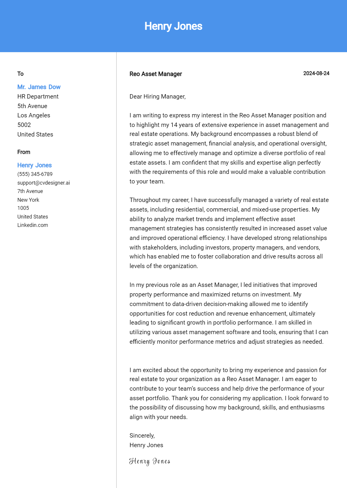 Reo Asset Manager Cover Letter Example for 2026: Top CV Skills Preview