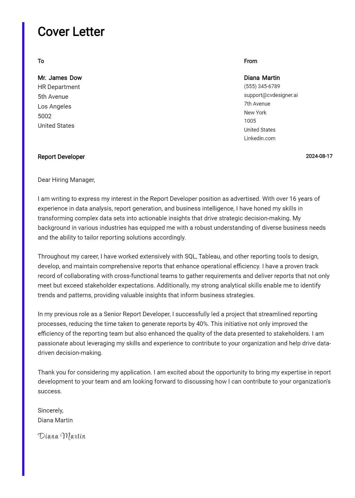 Report Developer Cover Letter Samples & Examples 2026 Preview