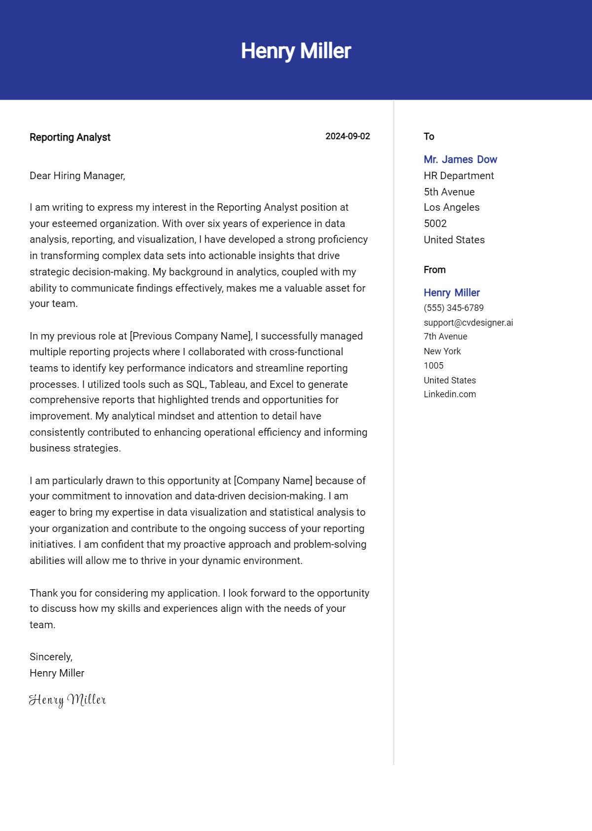 Reporting Analyst Cover Letter Example for 2026: Tips & Templates Preview