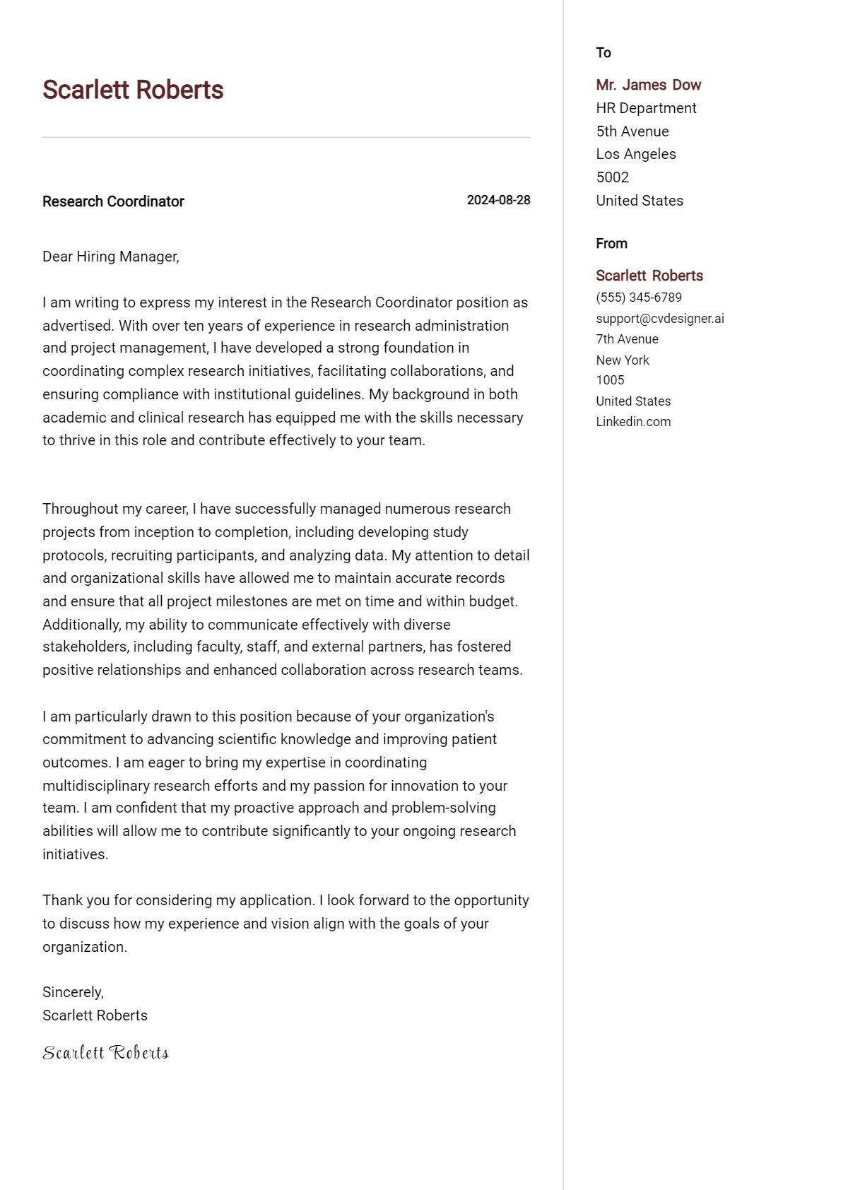 22 Research Coordinator Cover Letter Examples for 2026 (Download Templates) Preview