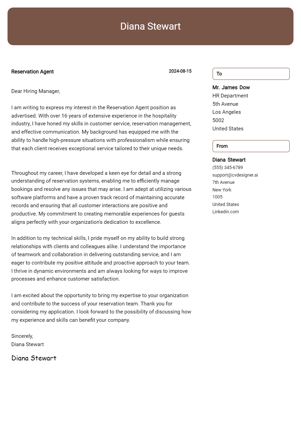 Reservation Agent Cover Letter Example for 2026 (Free Templates) Preview