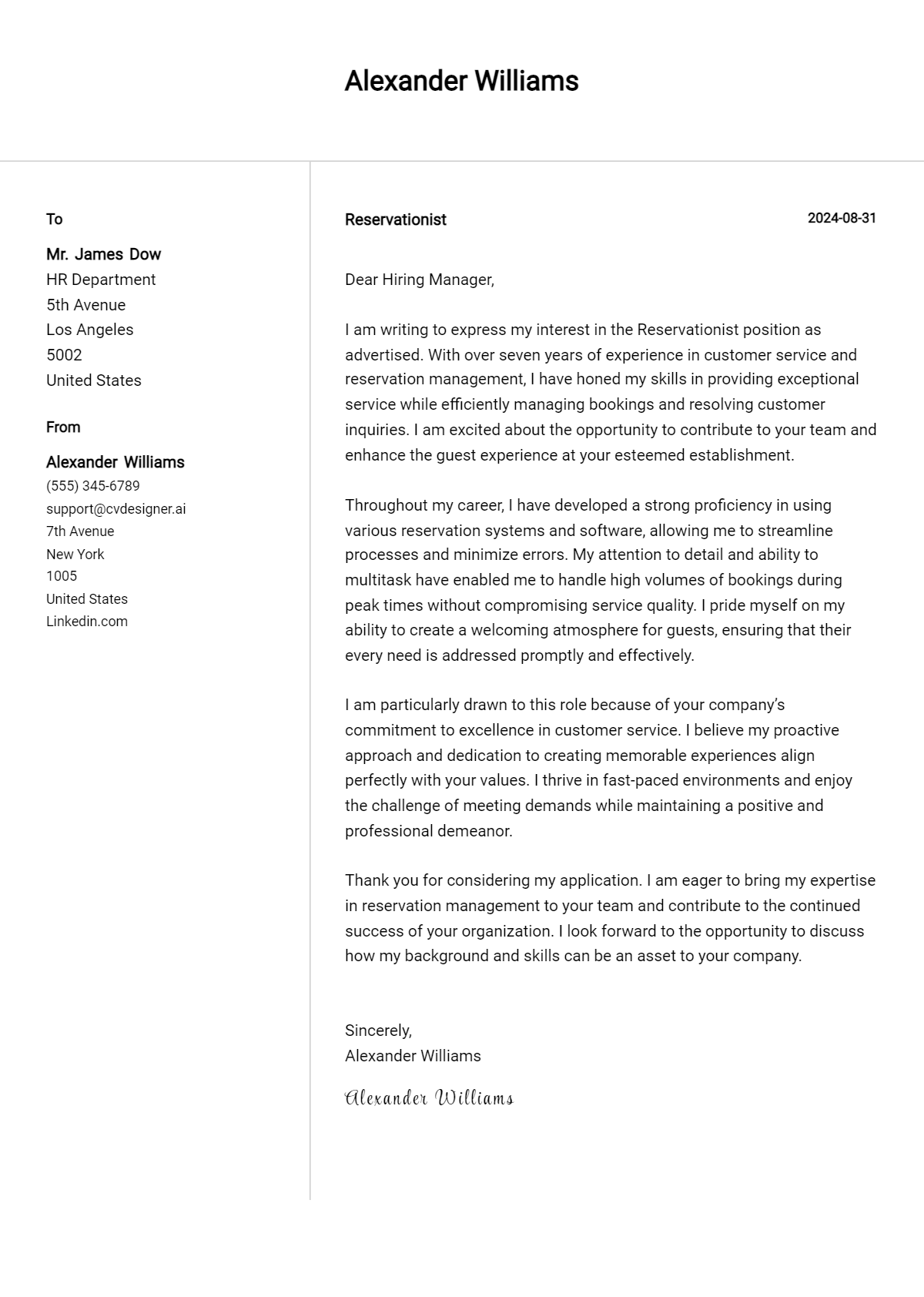 Reservationist Cover Letter Examples & Samples for 2026 Preview