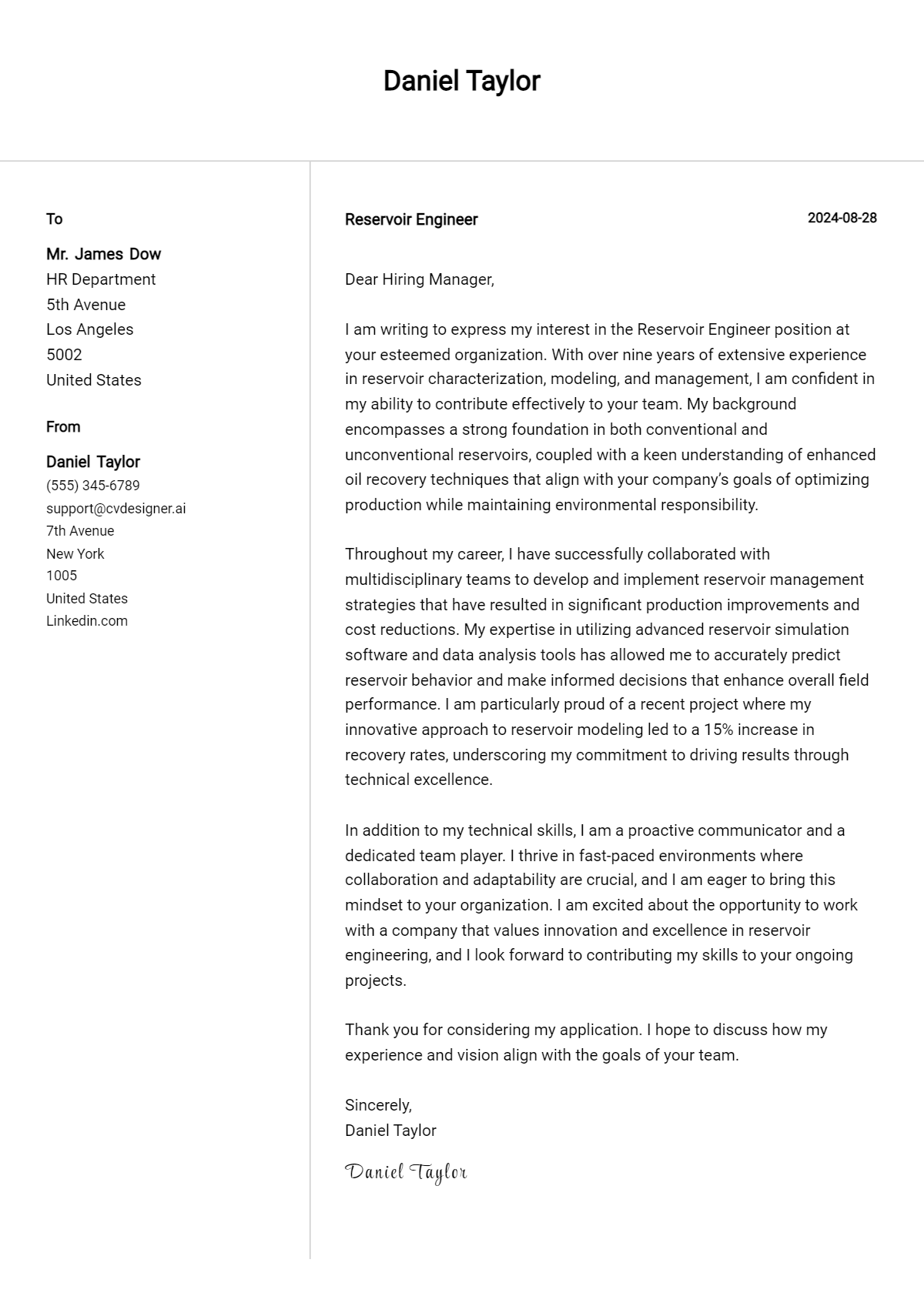 Reservoir Engineer Cover Letter Example for 2026 (Complete Writing Guide) Preview