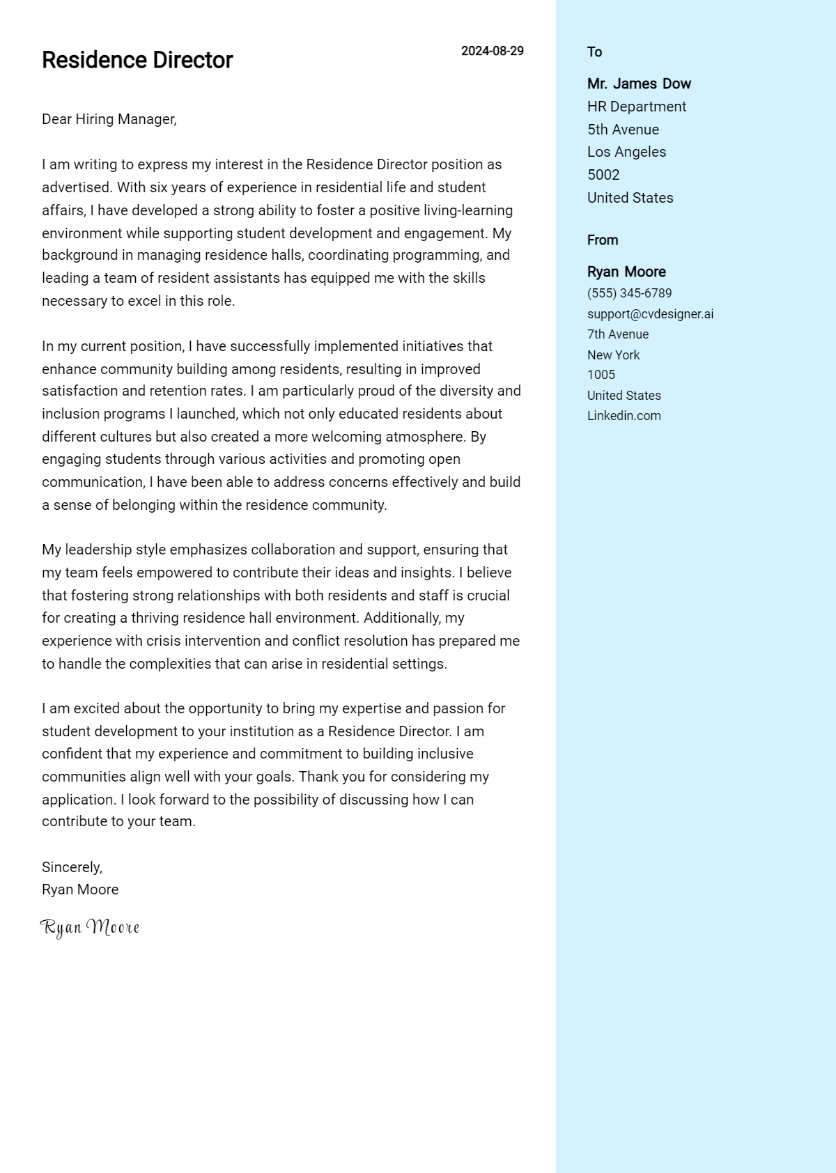 Residence Director Cover Letter Example for 2026 (Complete Writing Guide) Preview