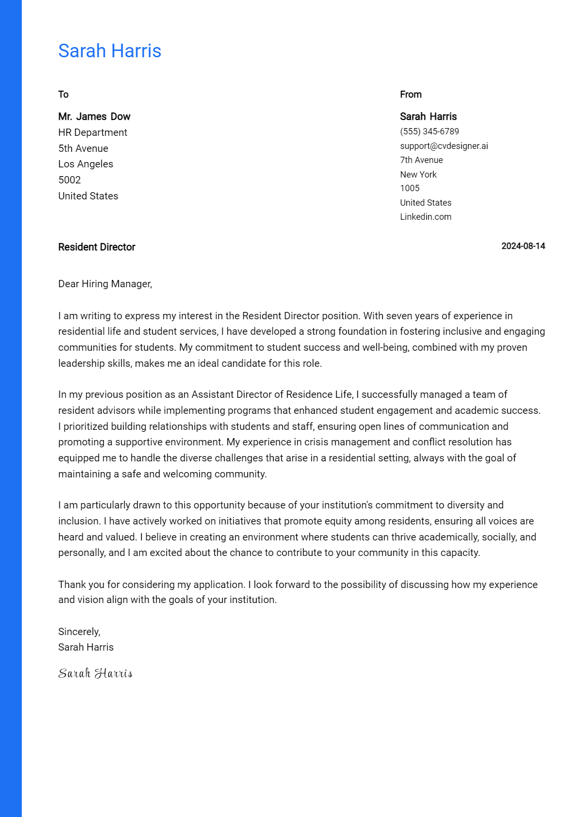 Resident Director Cover Letter Example for 2026: Proven Tips Preview