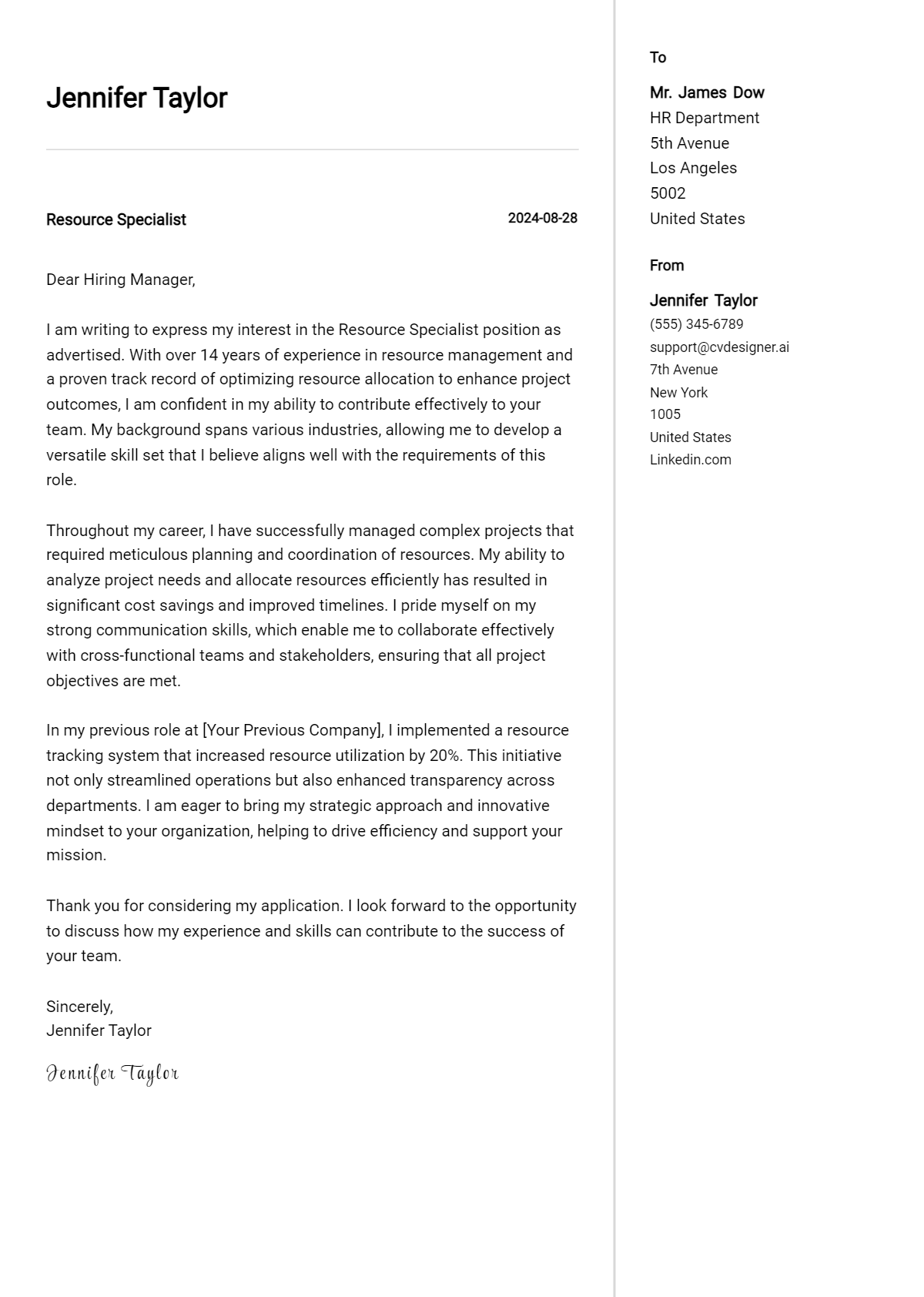 Resource Specialist Cover Letter Example for 2026 (Free Templates) Preview