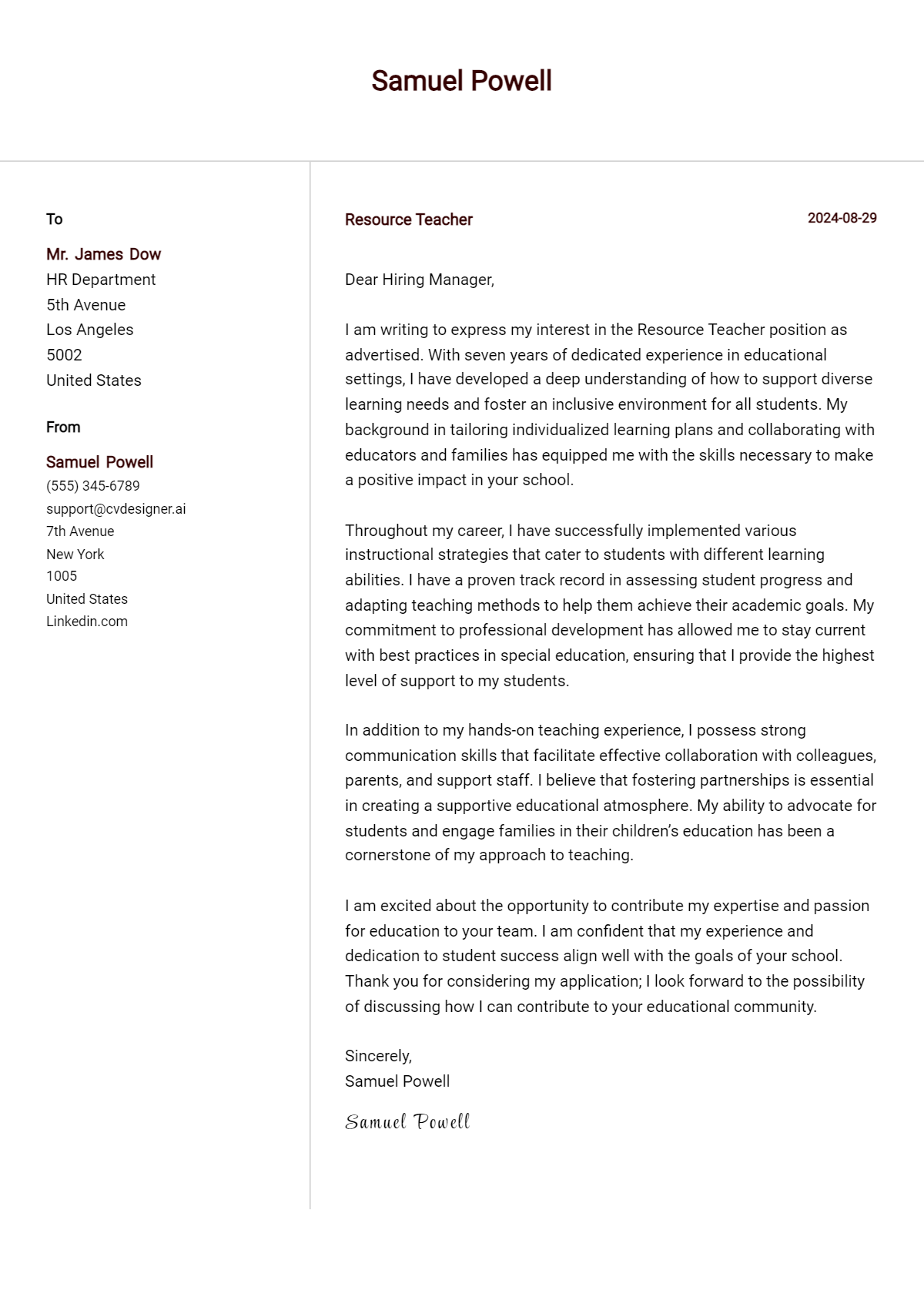 Resource Teacher Cover Letter Example for 2026 (Free Templates) Preview