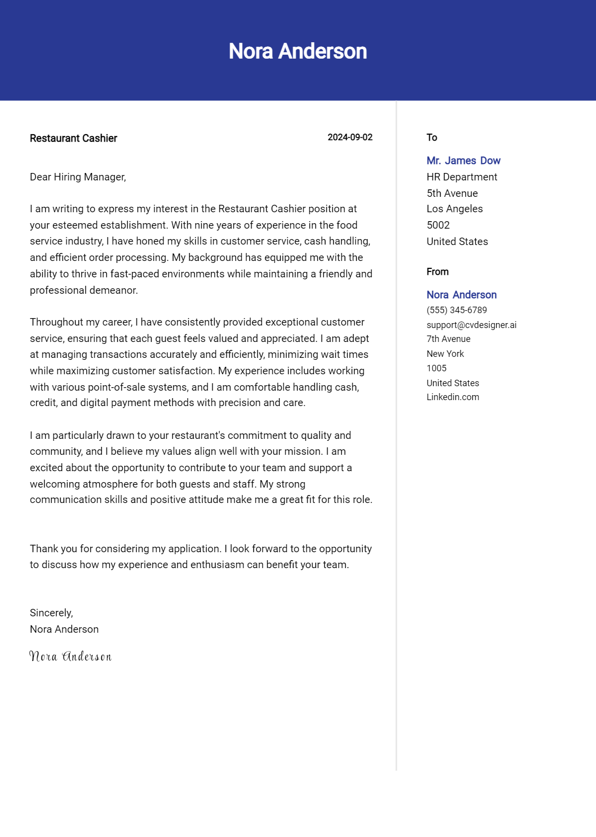 Restaurant Cashier Cover Letter Example for 2026: Free Templates Preview