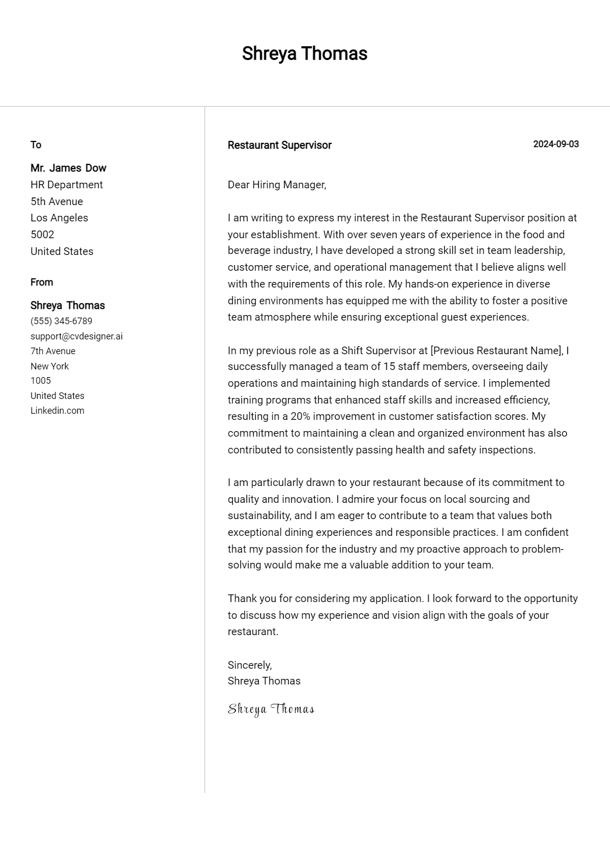 Restaurant Supervisor Cover Letter Example for 2026: Free Templates Preview