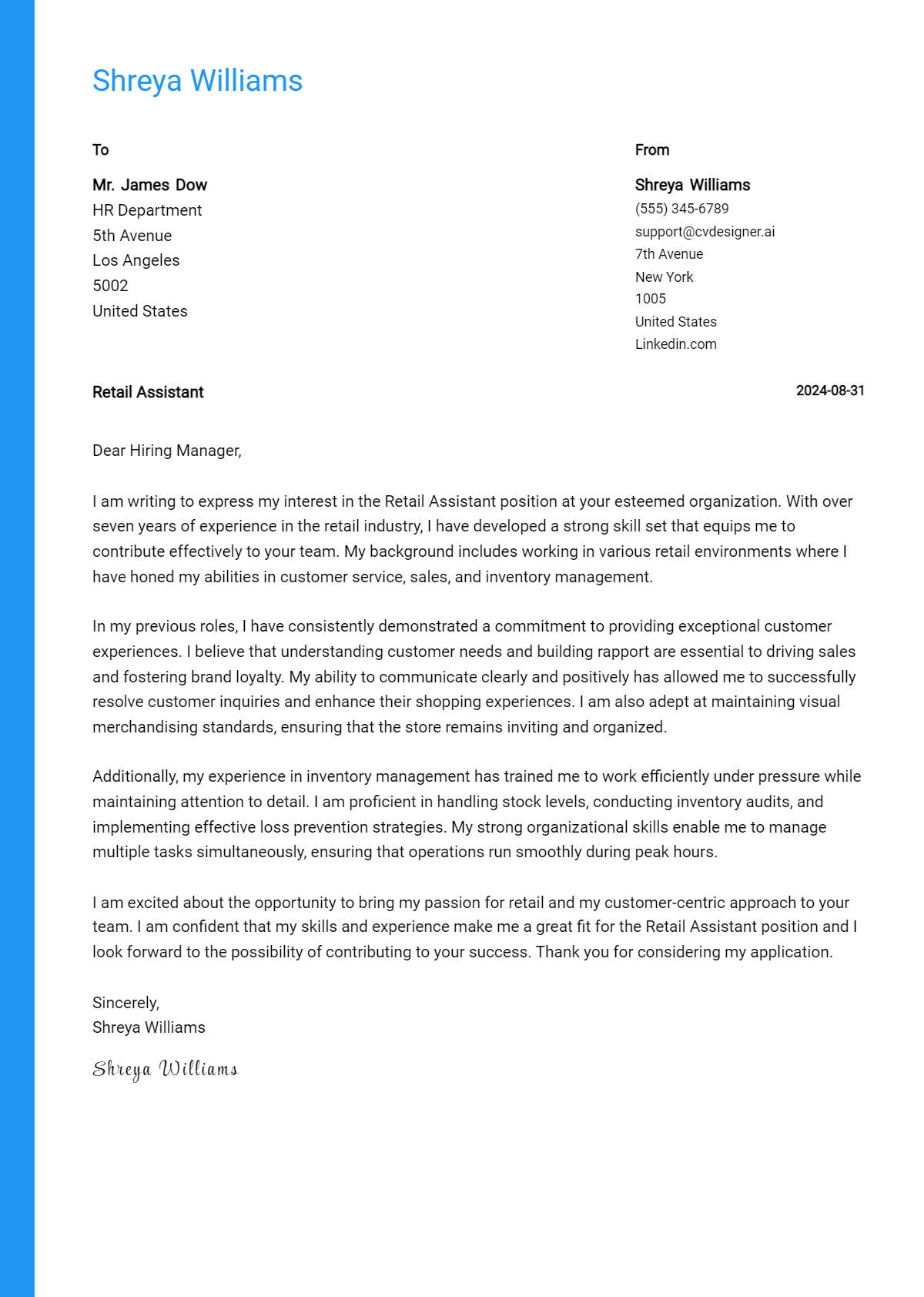 15 Retail Assistant Cover Letter Examples for 2026 (Downloadable) Preview