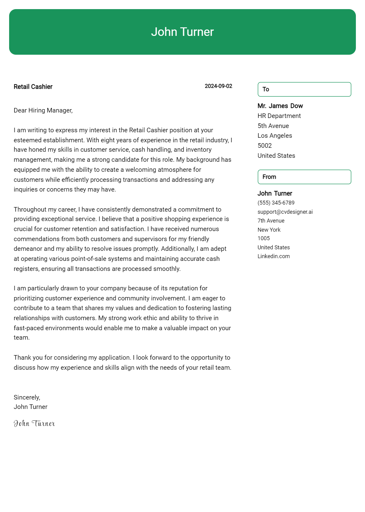 Retail Cashier Cover Letter Example for 2026 (Download Templates) Preview