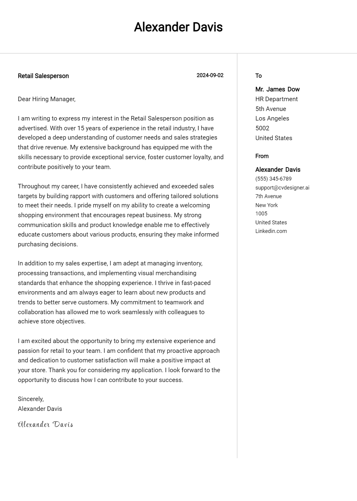 Retail Salesperson Cover Letter Example for 2026 (Complete Writing Guide) Preview