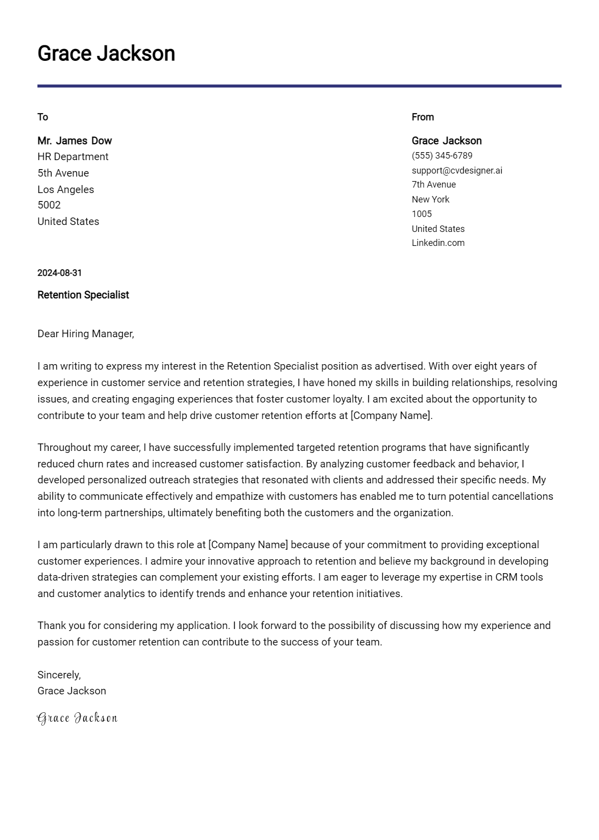 Retention Specialist Cover Letter Example for 2026: Top CV Skills Preview