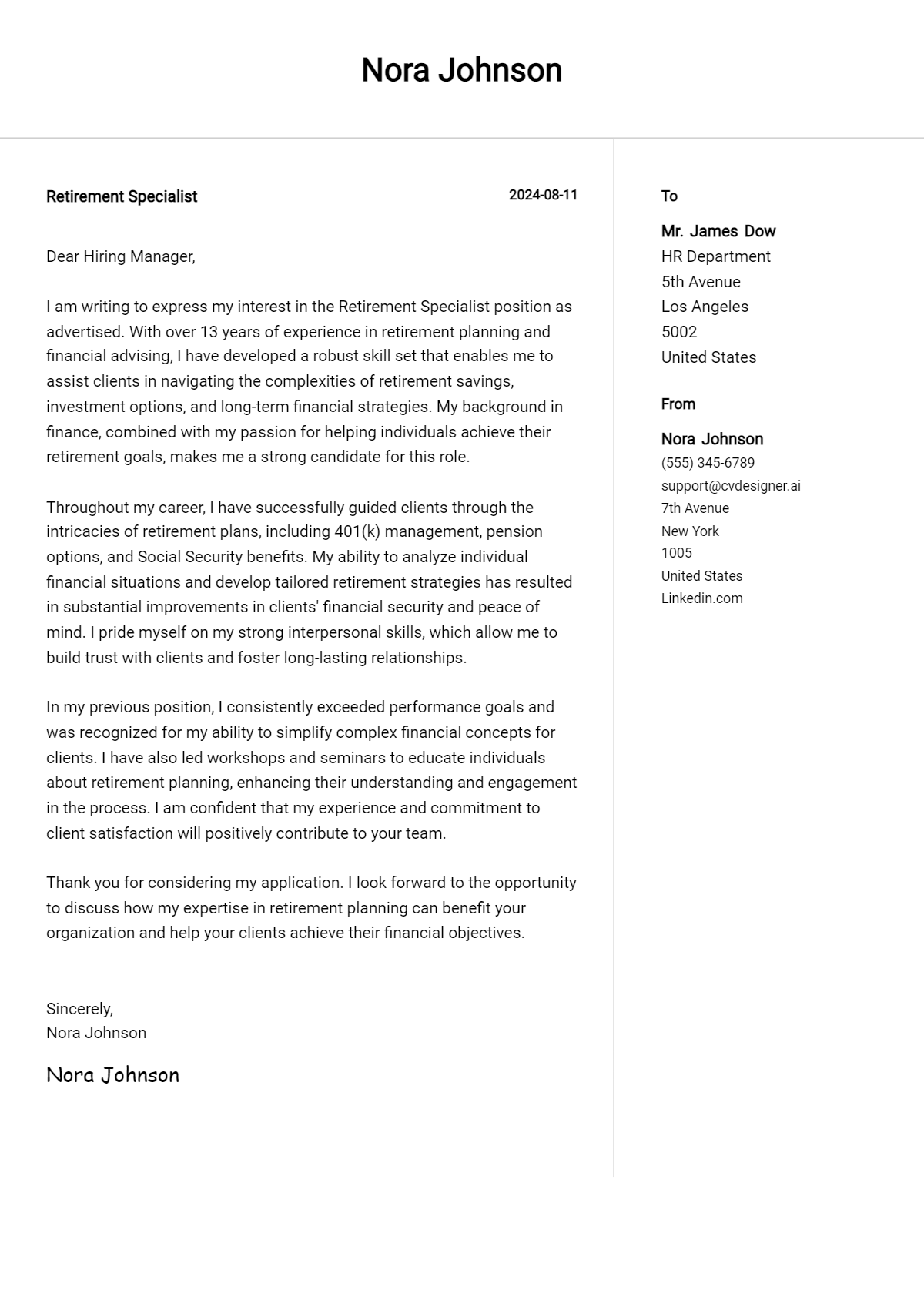 Retirement Specialist Cover Letter Example for 2026: Tips & Templates Preview