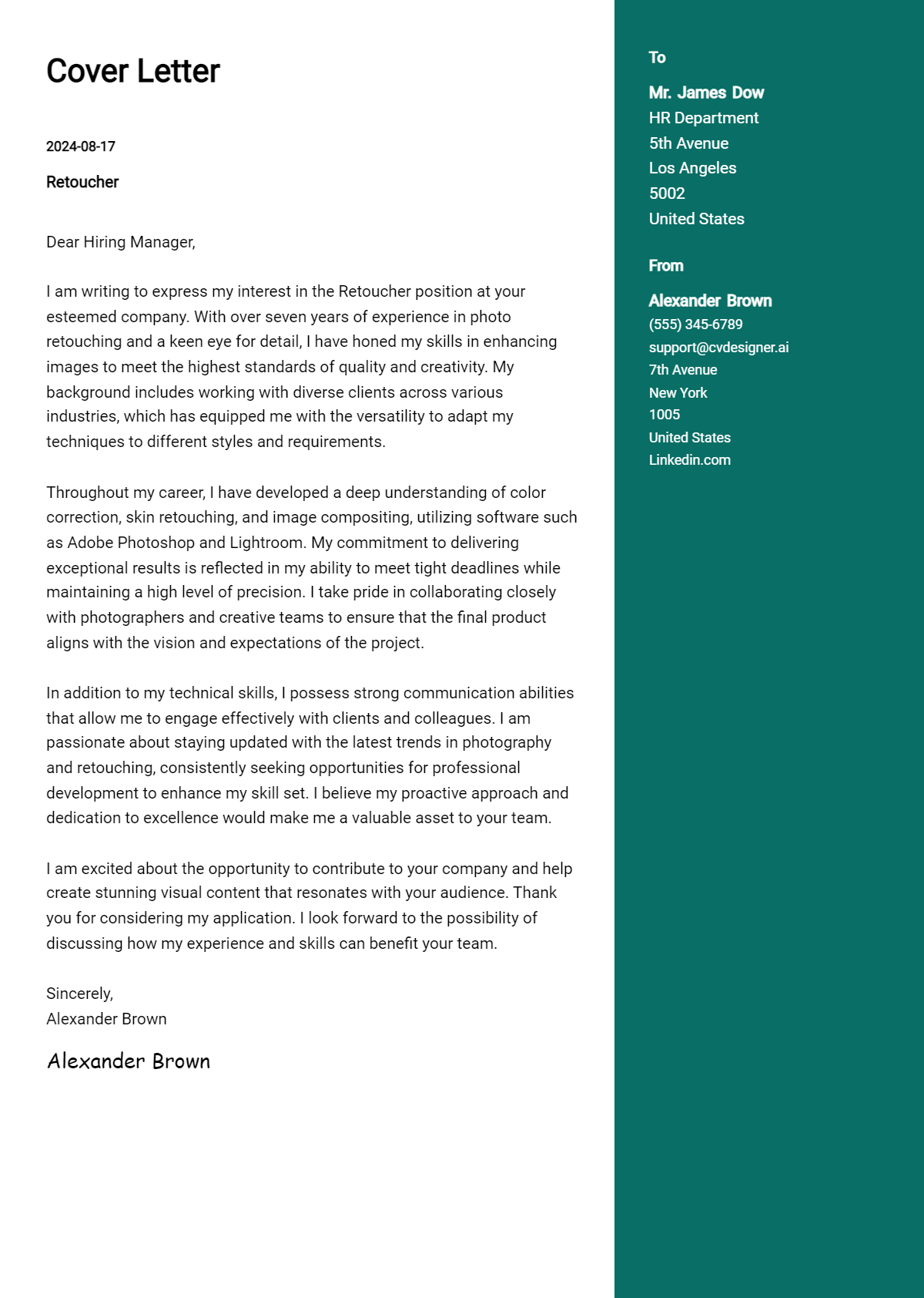 Retoucher Cover Letter Example for 2026: Tips & Templates Preview
