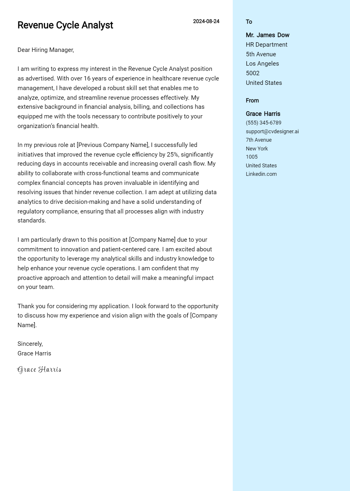 Revenue Cycle Analyst Cover Letter Example for 2026 (Writing Guide) Preview