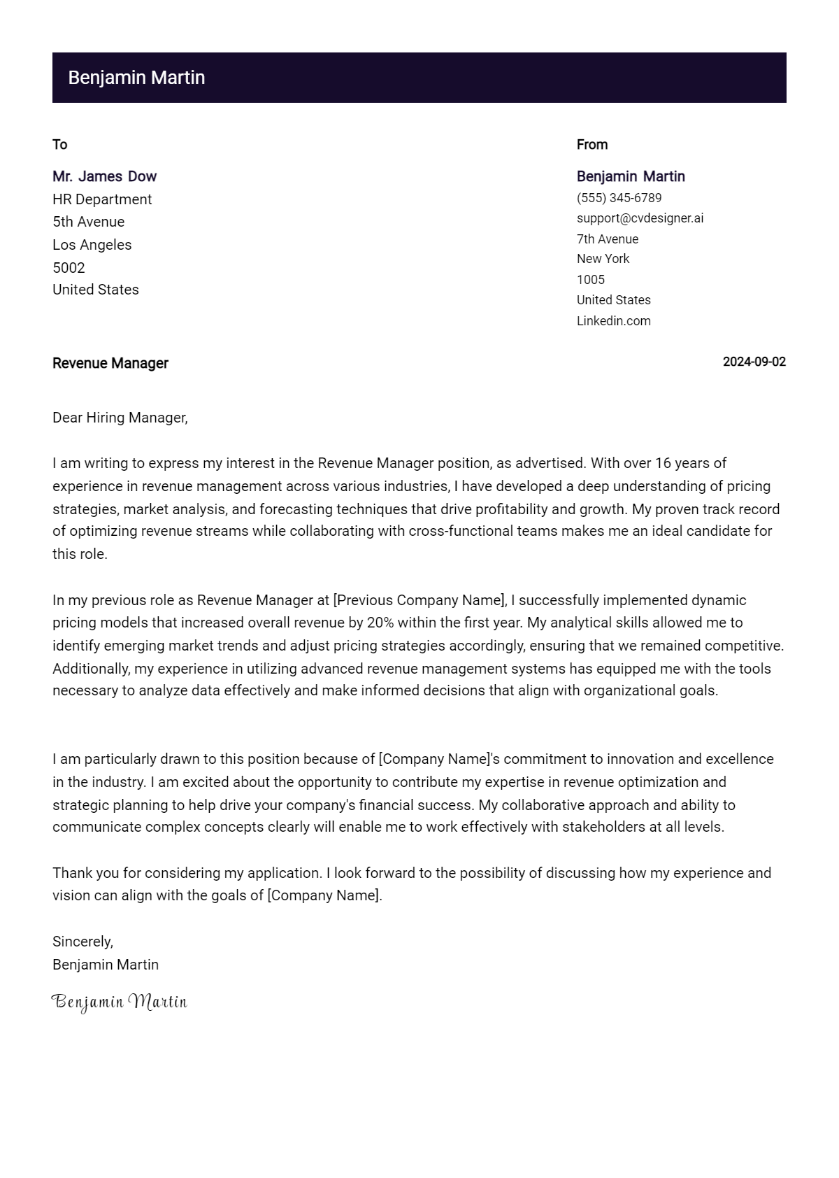 Revenue Manager Cover Letter Samples & Examples 2026 Preview