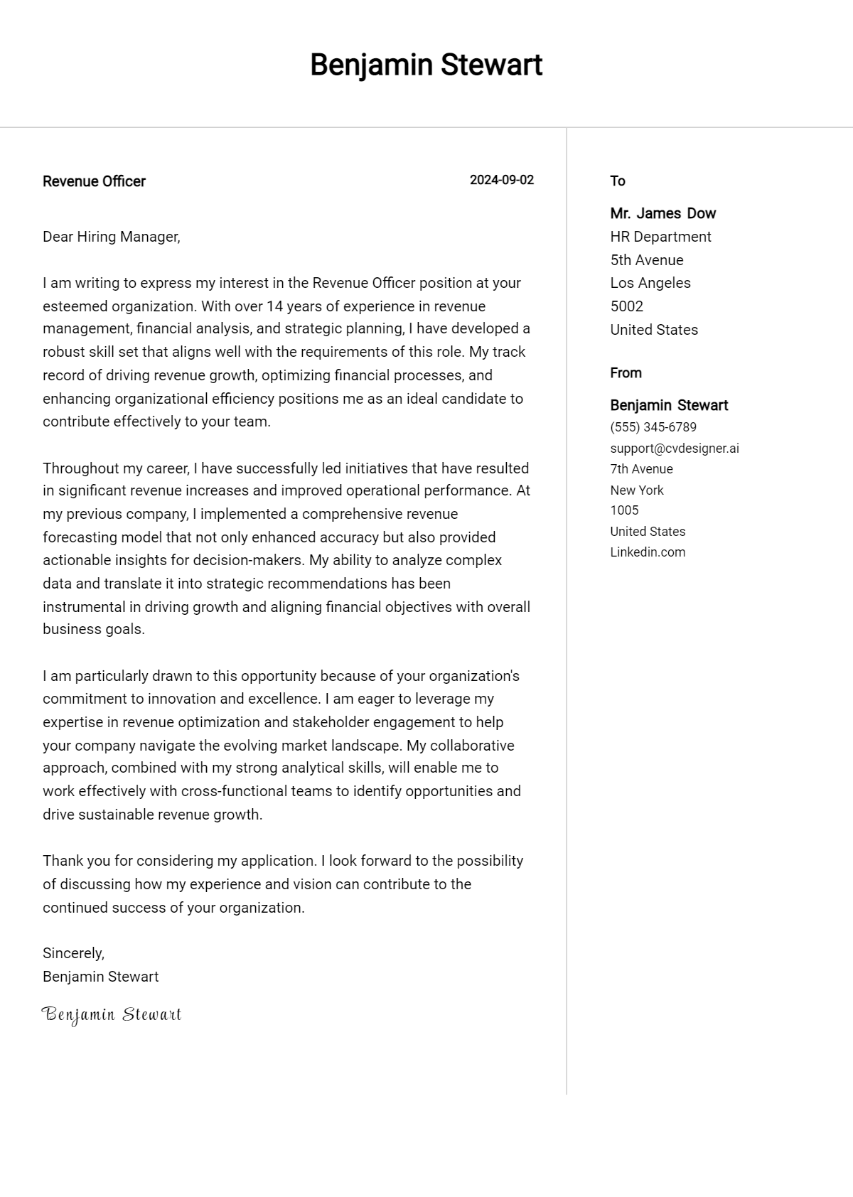 Revenue Officer Cover Letter Example for 2026 (Download Templates) Preview