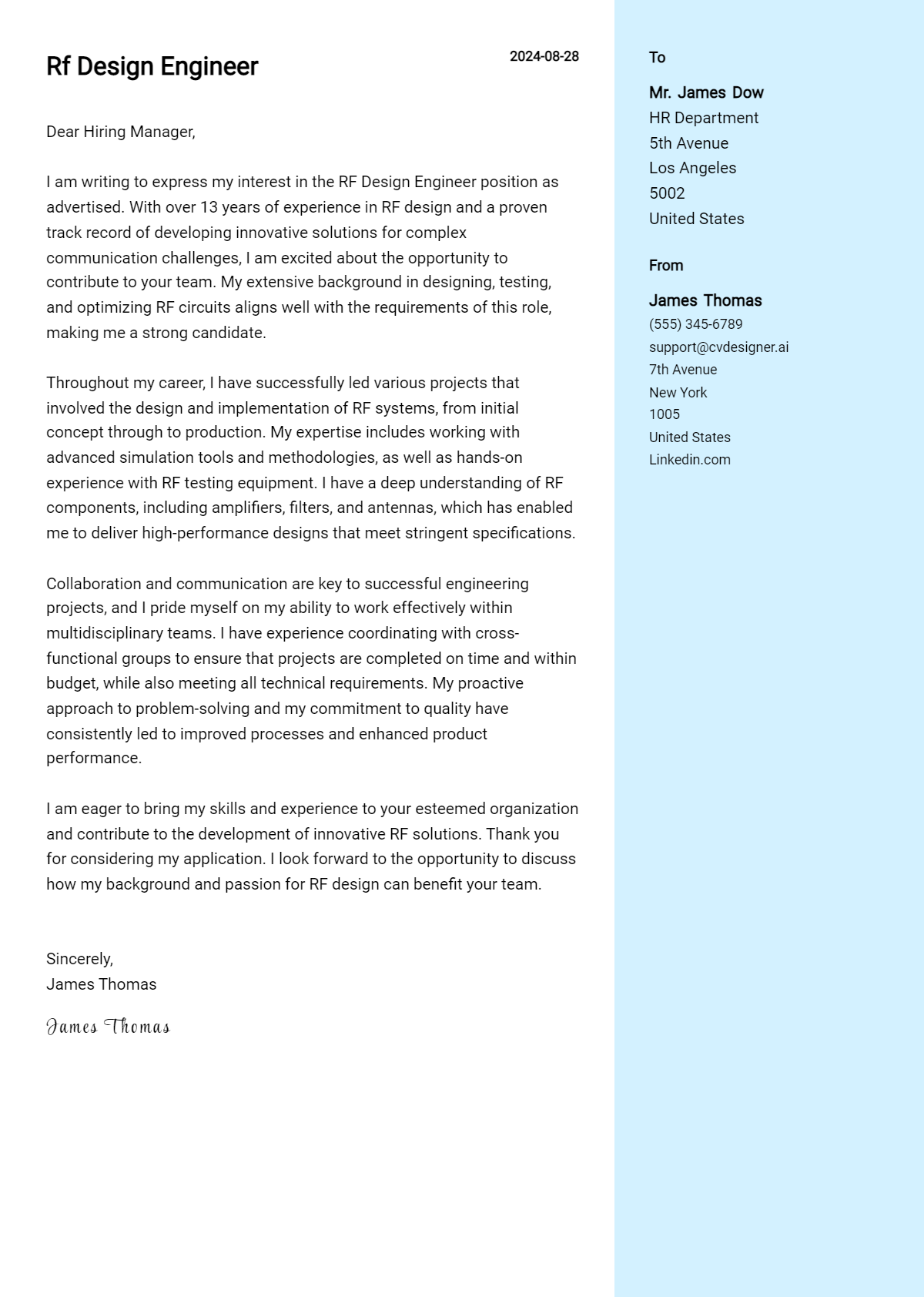 RF Design Engineer Cover Letter Samples & Examples 2026 Preview
