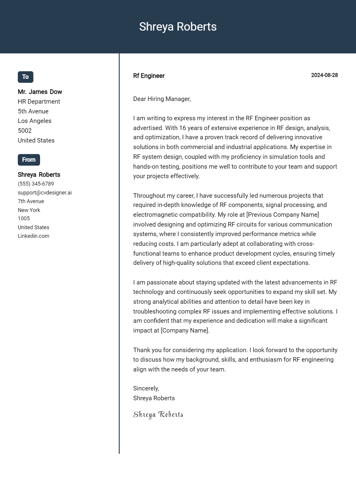 RF Engineer Cover Letter Examples with Writing Tips for 2026 Preview