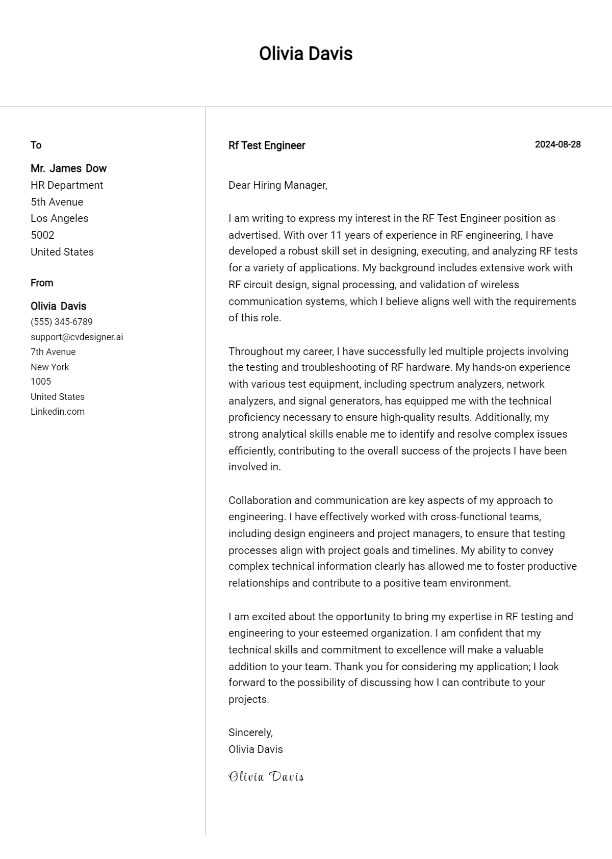 RF Test Engineer Cover Letter Examples for 2026 (Downloadable) Preview