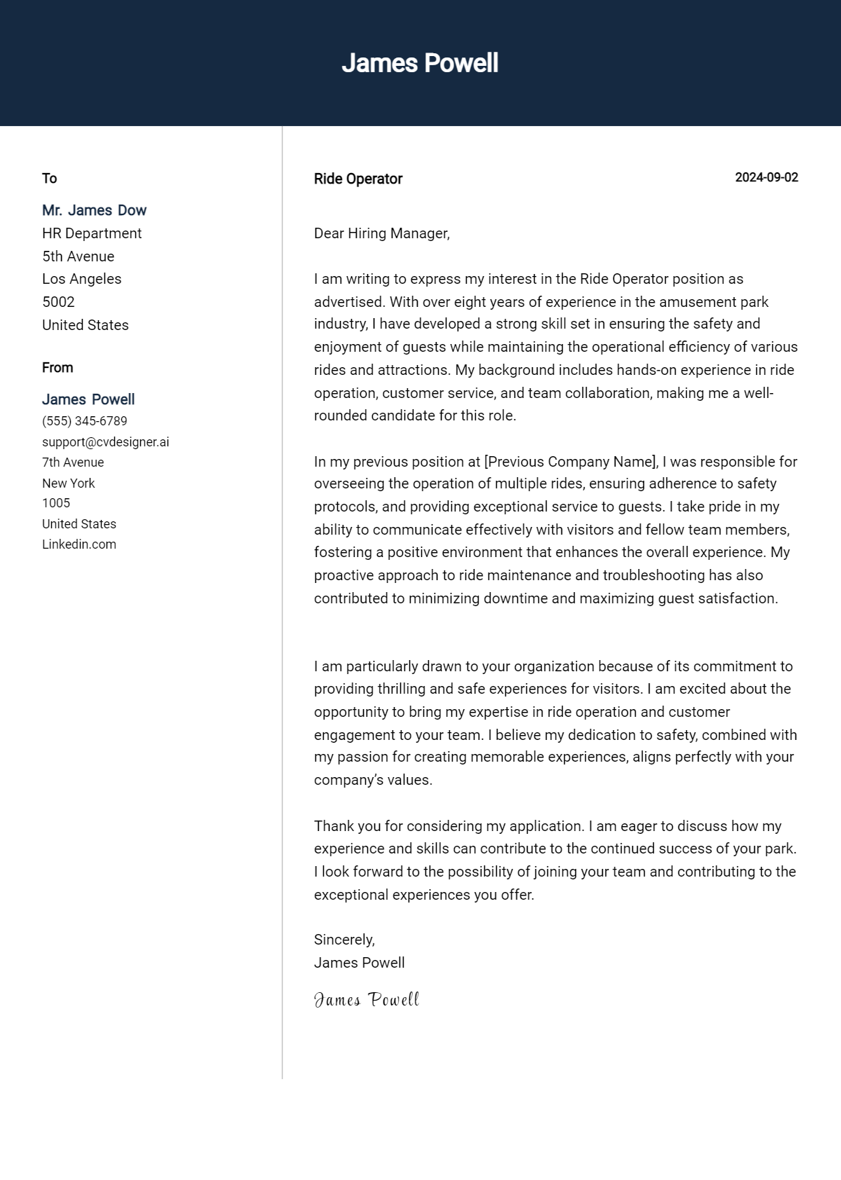 Ride Operator Cover Letter Example for 2026 (Writing Guide) Preview
