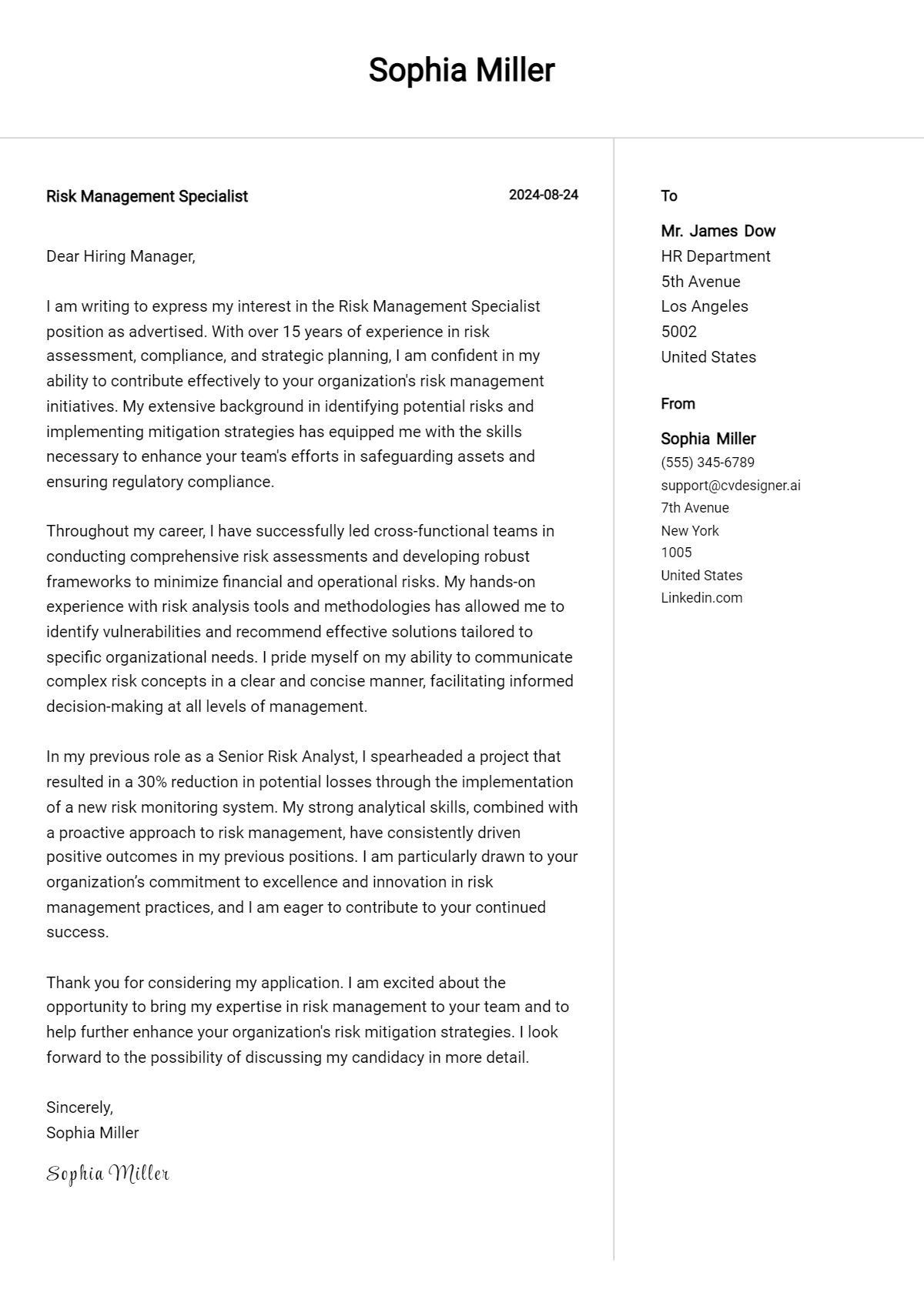 Risk Management Specialist Cover Letter Example for 2026: Top CV Skills Preview