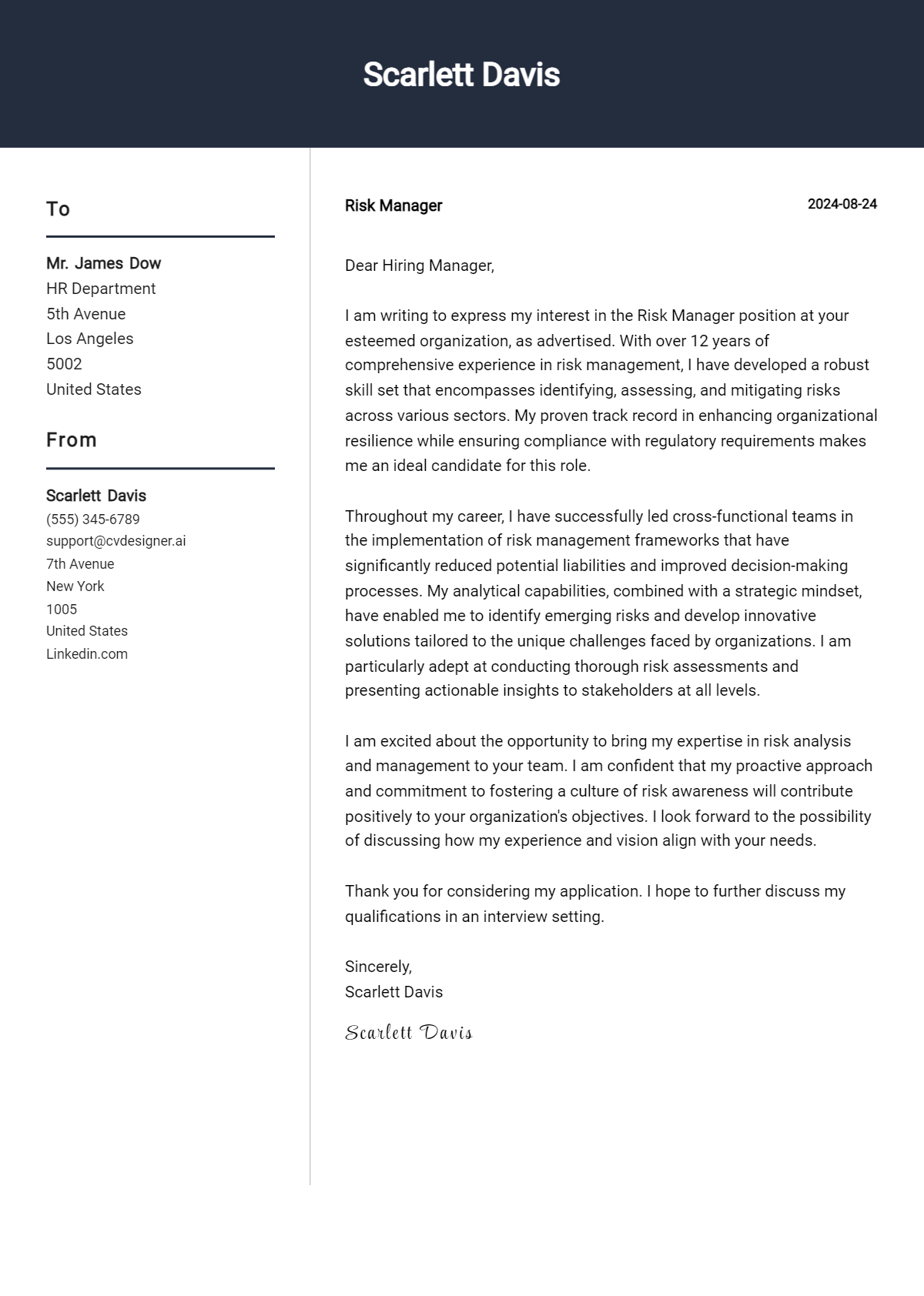 Risk Manager Cover Letter Example for 2026 (Writing Guide) Preview